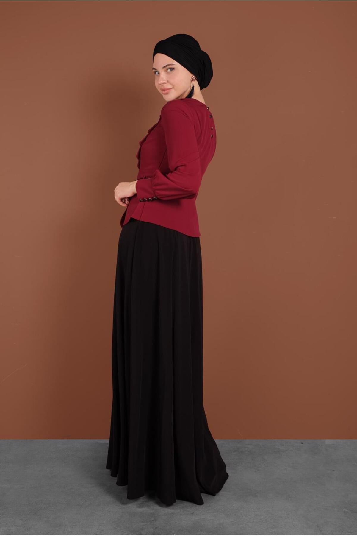 TRENDTESETTÜR-فستان سهرة نسائي باللون العنابي (الكرز) مزين بالأحجار T 3048 3