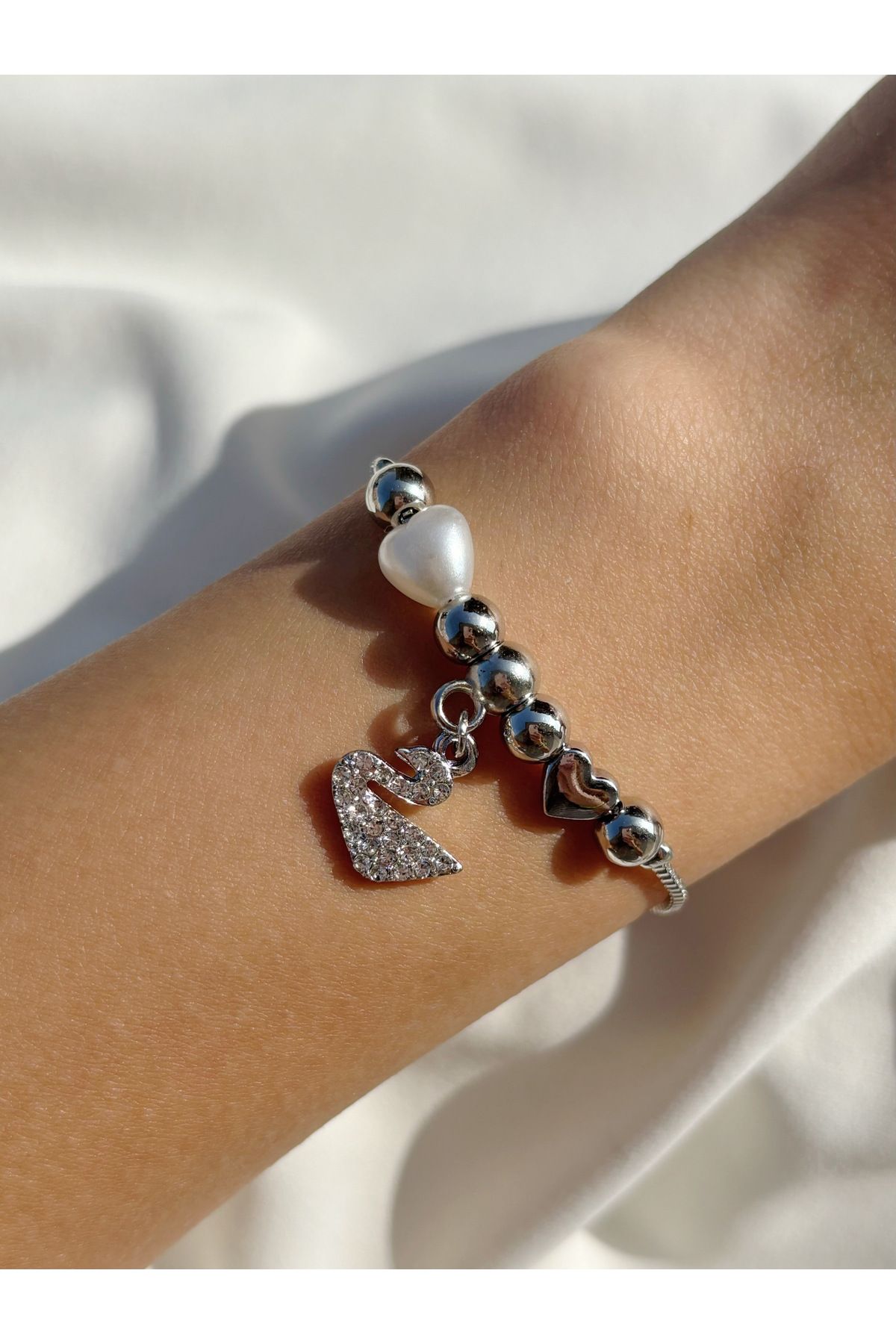 Eylülün Takısı-Women's Silver Color Dangle Stone Swan Pearl Bracelet 1