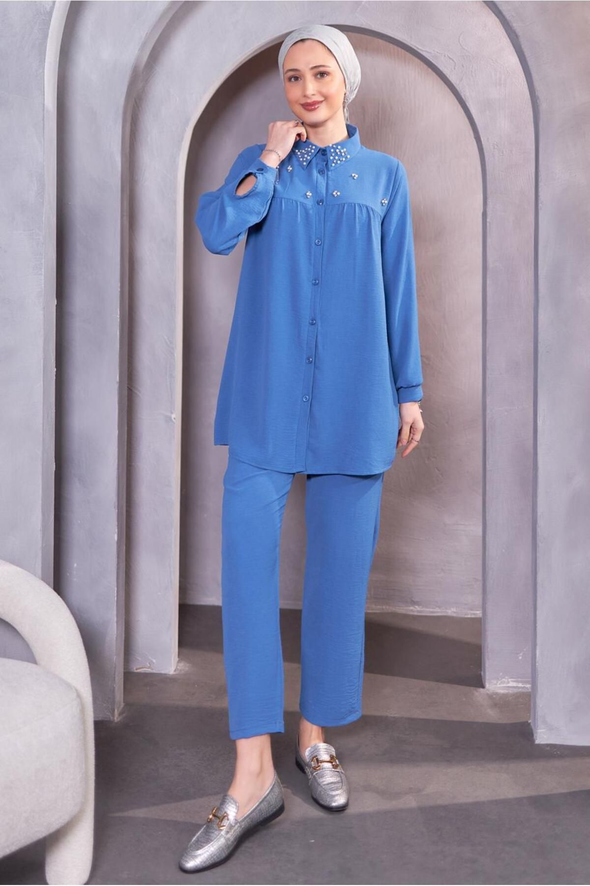 TRENDTESETTÜR-WOMEN'S BLUE STONE DETAILED PANT SUIT T 0093 2