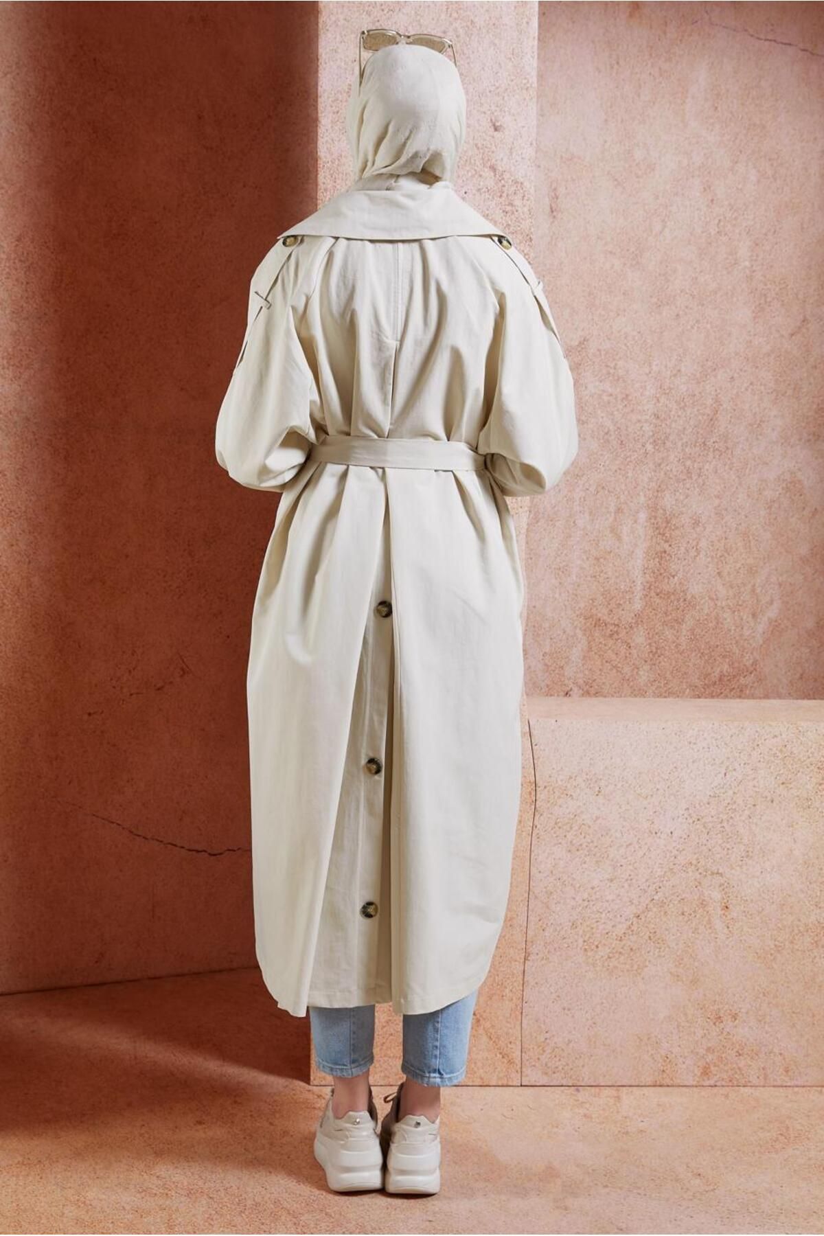 TRENDTESETTÜR-Beige Cotton Trench Coat - Stone Detailed Belt, T 6201 3