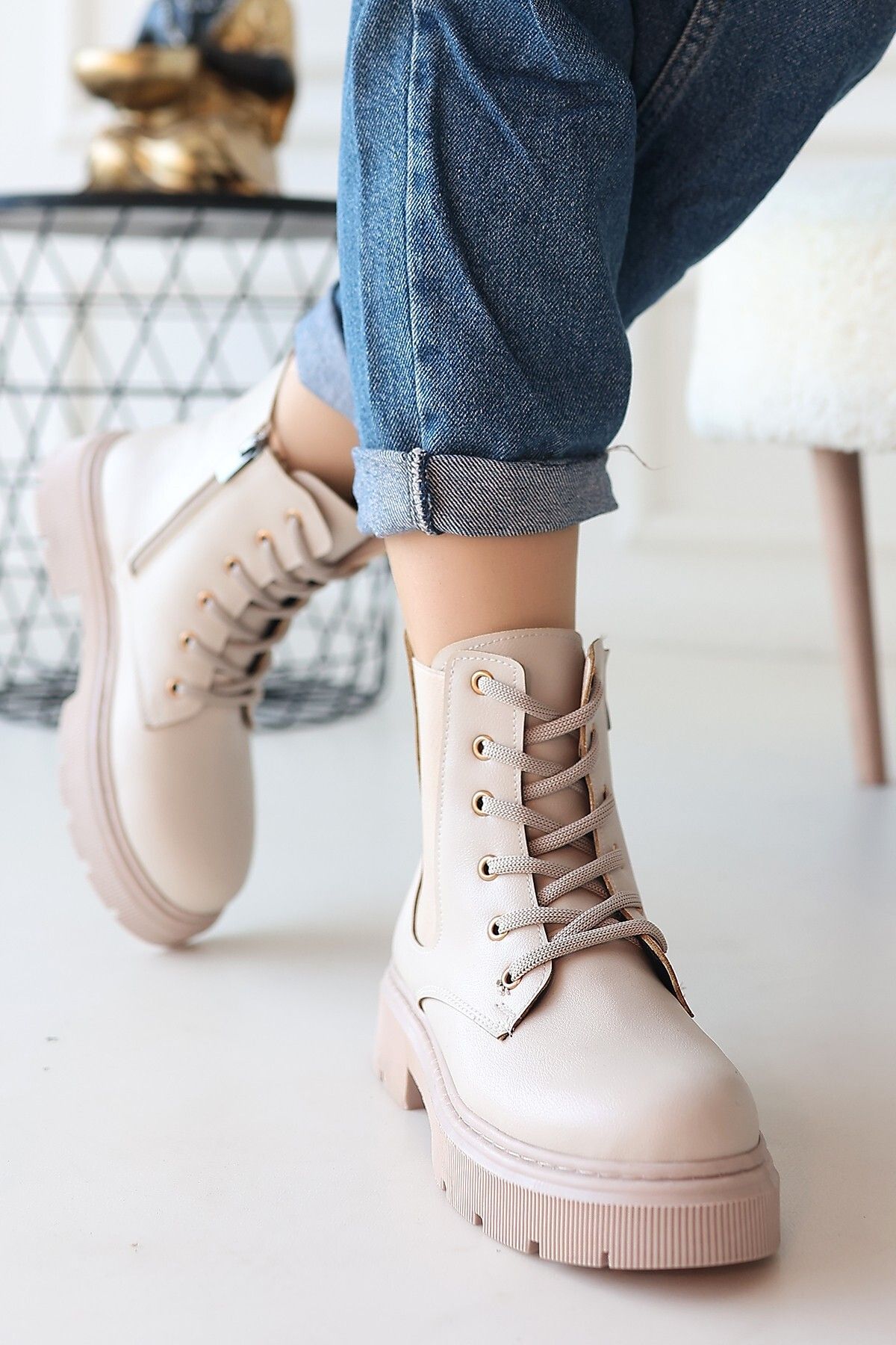 lavish-Gold Daum Beige Skin Lace up Boots 2