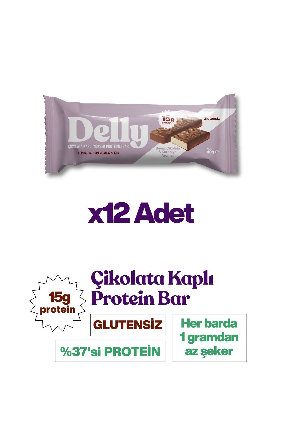 Delly 12 Adet Çikolata Kaplı, Yüksek Proteinli Bar, Beyaz Çikolata Ve Kurabiye Aromalı 40g