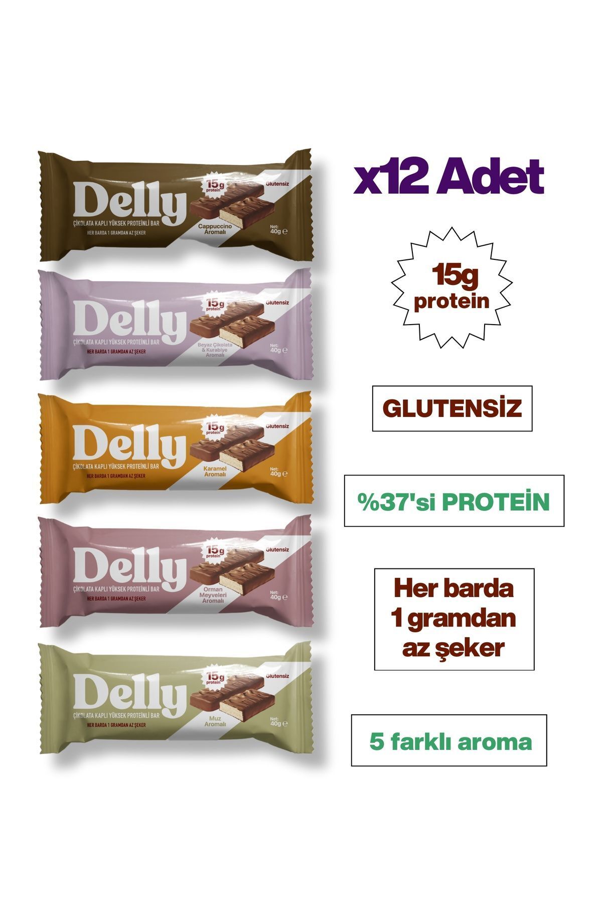 Delly 12 Adet Çikolata Kaplı - Yüksek Proteinli Bar Karışık Kutu