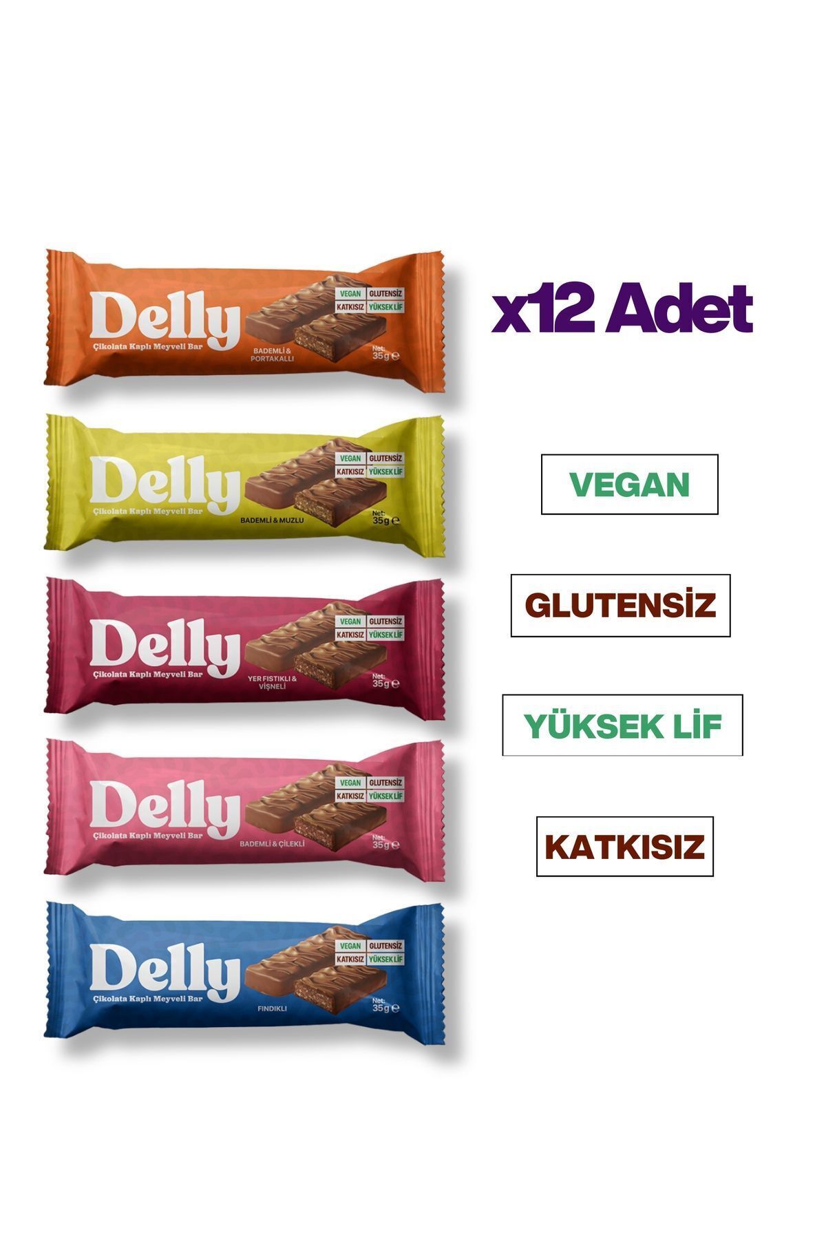 Delly 12 Adet Çikolata Kaplı - Vegan Meyveli Bar - Karışık Kutu 35g