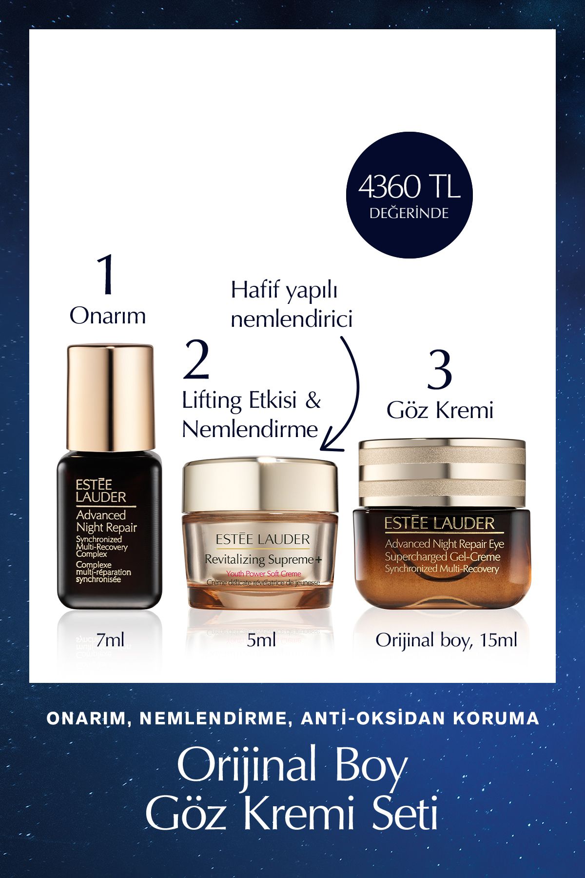 Estee Lauder Cilt Bakım Seti - Advanced Night Repair Serum 7ml + Göz Kremi 15ml + Supreme Soft Nemlendirici 5ml-1