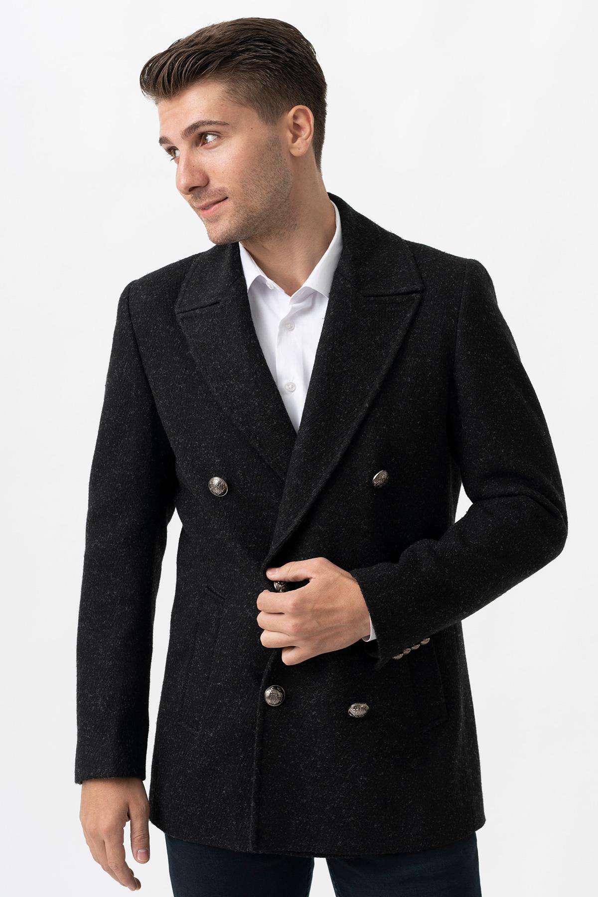 White Stone  Trento K290 Kruvaze Yaka Slim Fit Pamuklu Kaban Siyah - Görsel 3