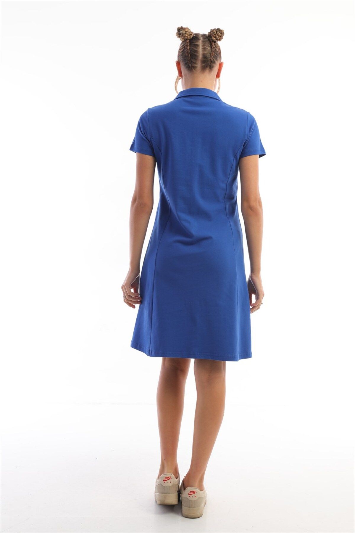 Edelle-Polo Neck Saks Blue Slim Fit Cotton Women's Dress - Short Sleeve Pique 4