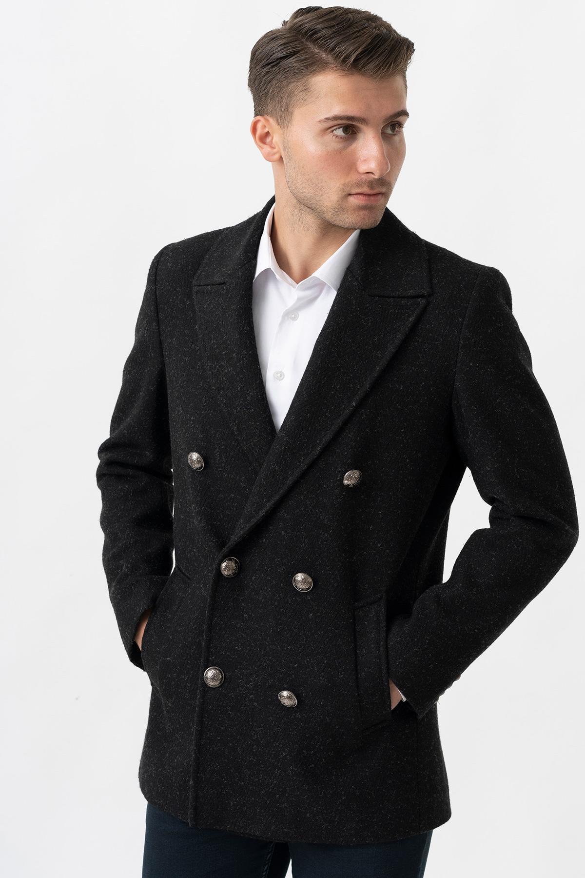 White Stone  Trento K290 Kruvaze Yaka Slim Fit Pamuklu Kaban Siyah - Görsel 4