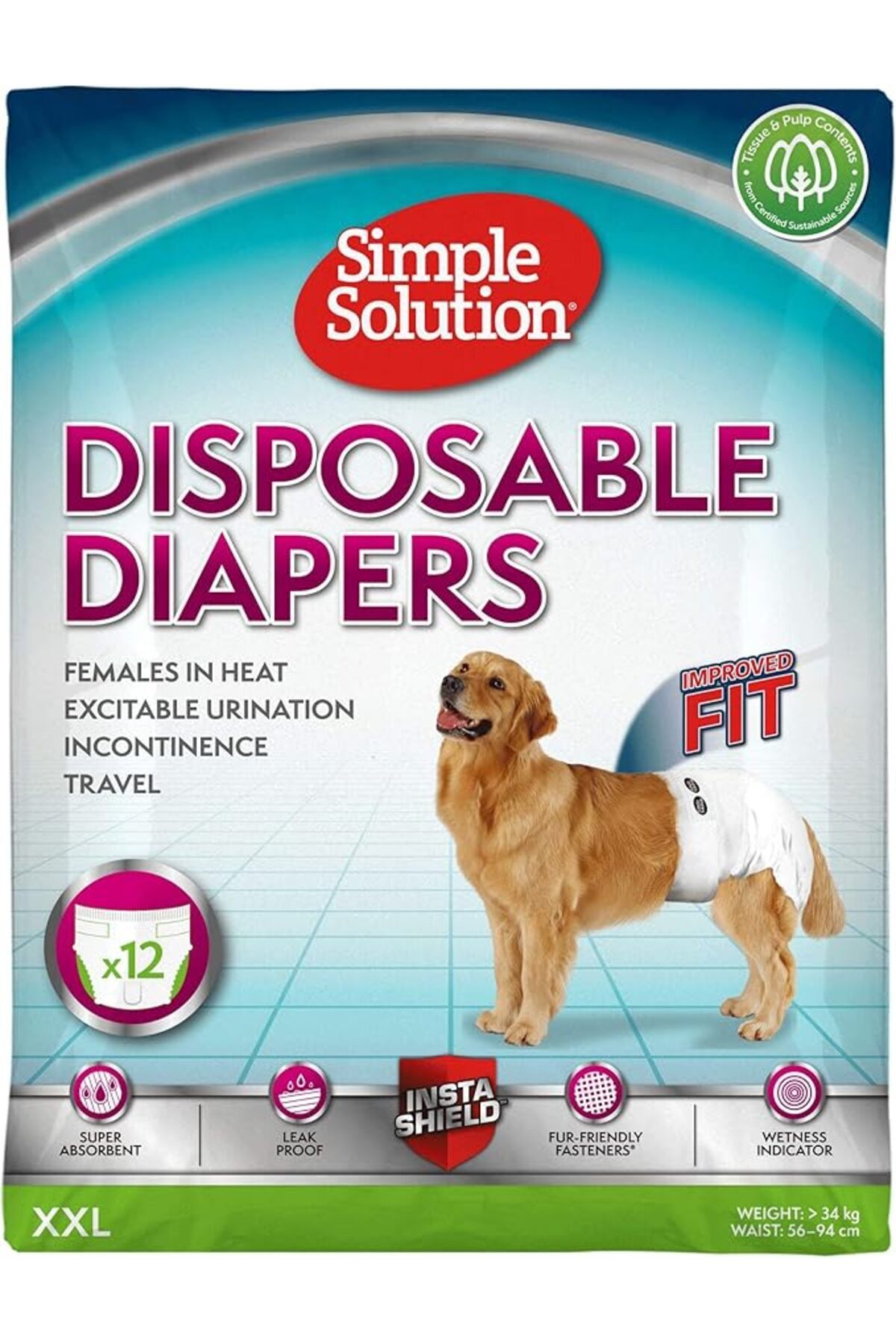Simple Solution-XXL Dog Diapers  (46-69cm) for Dogs (23-34kg), 12 Pieces 1