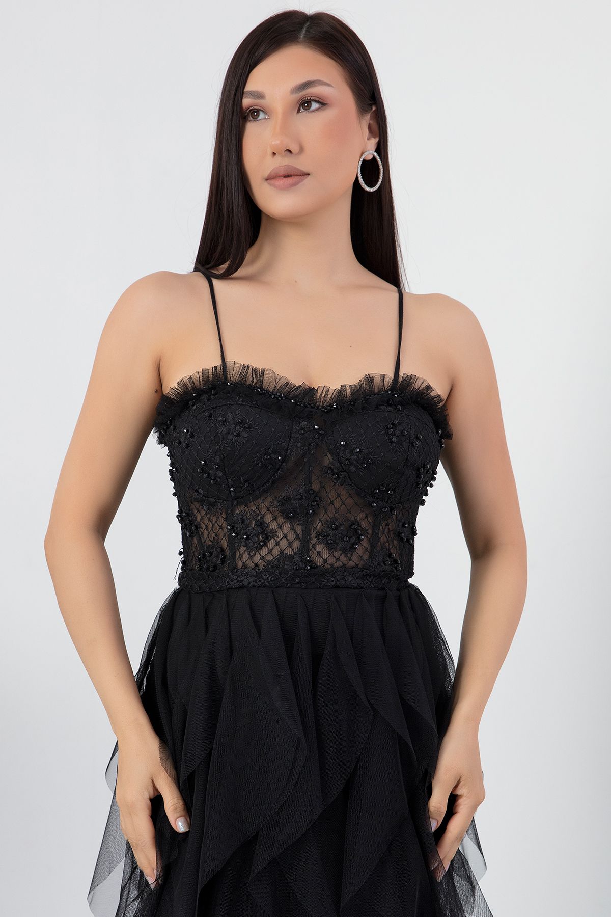 PULLIMM-Beading Detail Straps Tulle Dress Ecr5034 2