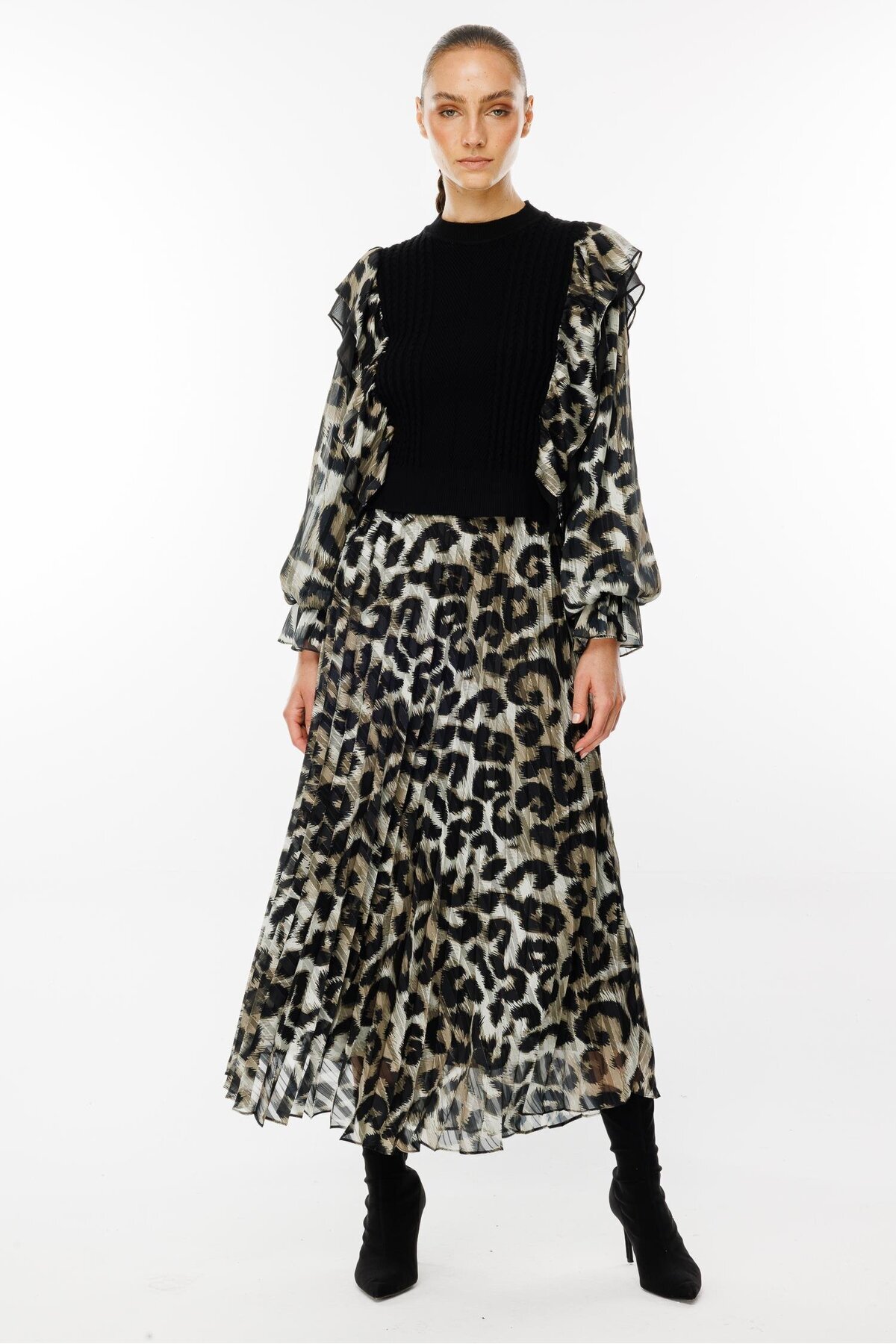 Moda İlgi-Khaki Knitwear Blouse - Chiffon Leopard Print, Fashionable Sleeves 2
