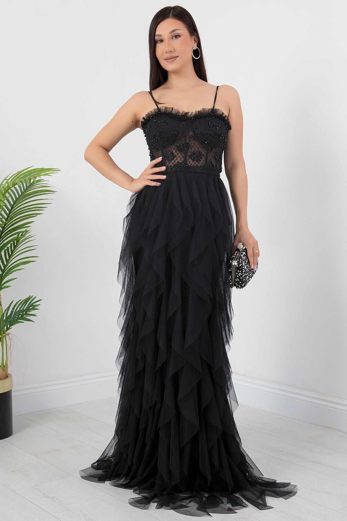 PULLIMM-Beading Detail Straps Tulle Dress Ecr5034 3