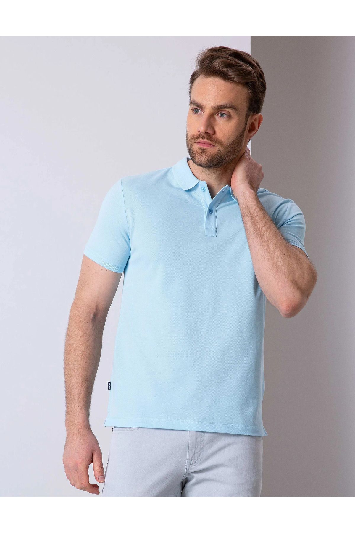 تی شرت یقه پولو آبی مردانه روشن و باریک چوگان YAKA T .000. Pierre Cardin