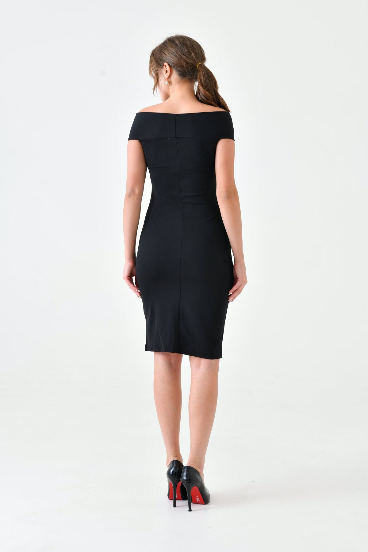 WOMAN VISION-Rochie de damă neagră cu mânecă scurtă din material elastic, lungime midi - 5038 3