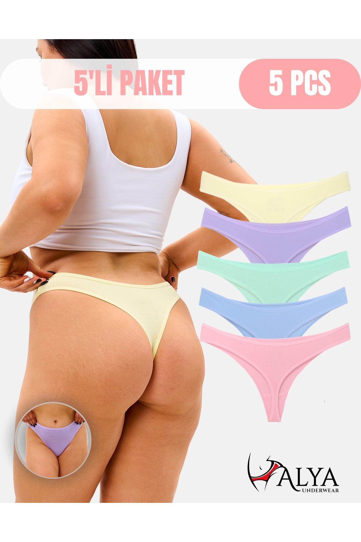 ALYA UNDERWEAR Kadın Tanga Külot Pamuklu String Iç Çamaşırı - 5 Farklı Renk Bir Pakette