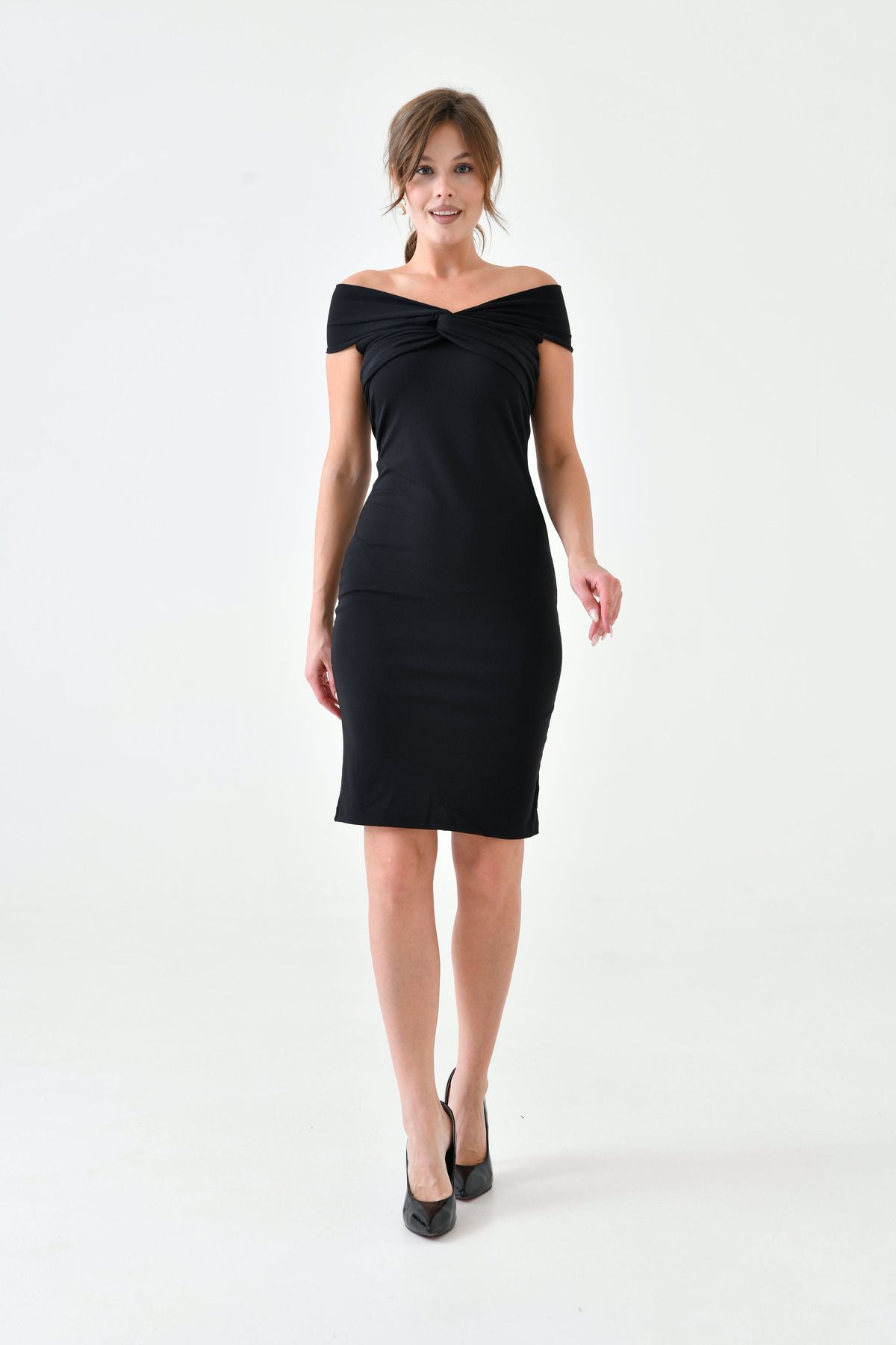 WOMAN VISION-Rochie de damă neagră cu mânecă scurtă din material elastic, lungime midi - 5038 8