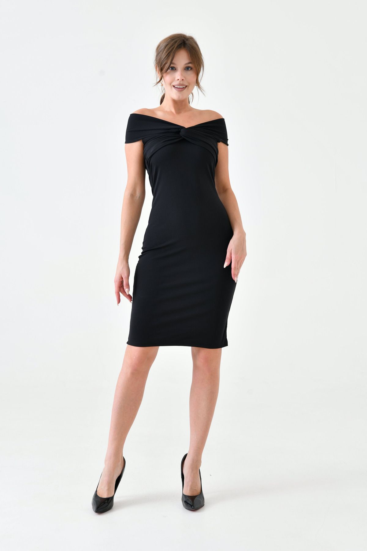 WOMAN VISION-Rochie de damă neagră cu mânecă scurtă din material elastic, lungime midi - 5038 7