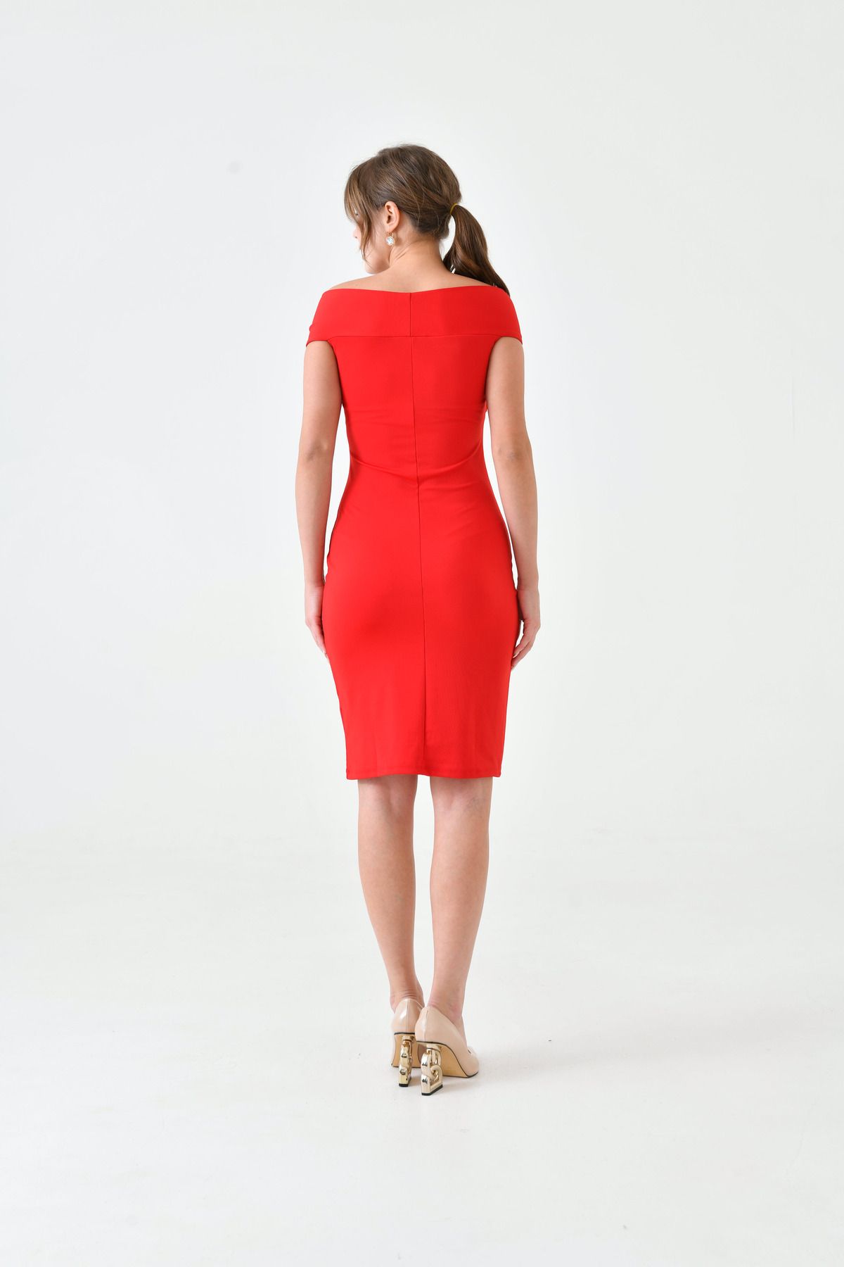 WOMAN VISION-Dehnbares Tauchergewebe für Damen, kurzärmlig, mittellang, rotes Kleid 5038 3