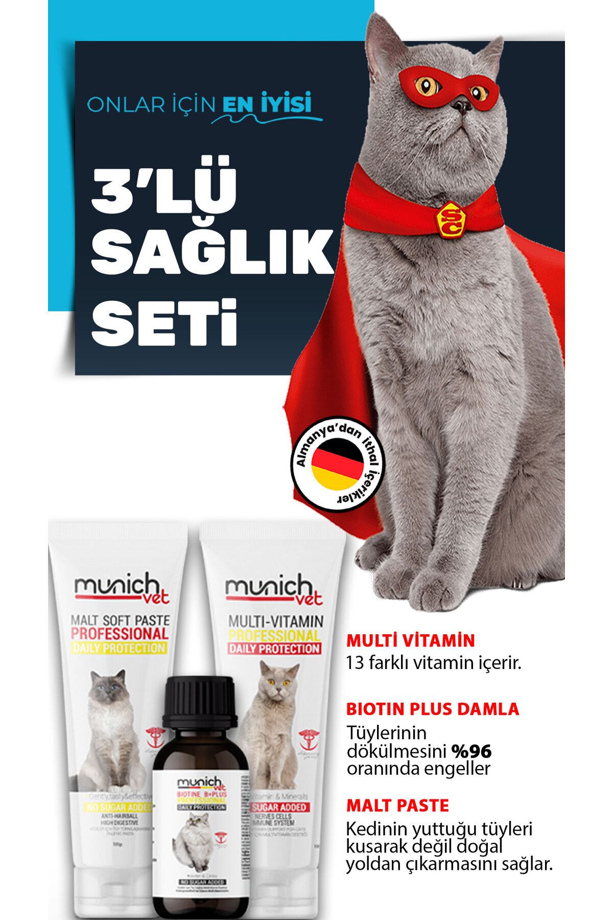 Munich Vet 3'lü Kedi Seti - Tüy Damlası Malt Pasta Multi Vitamin Pasta