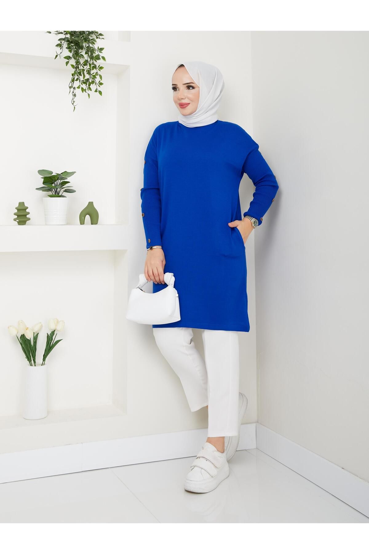 modabef-Long Buttoned Knitwear Tunic - Saks Blue 2129 2
