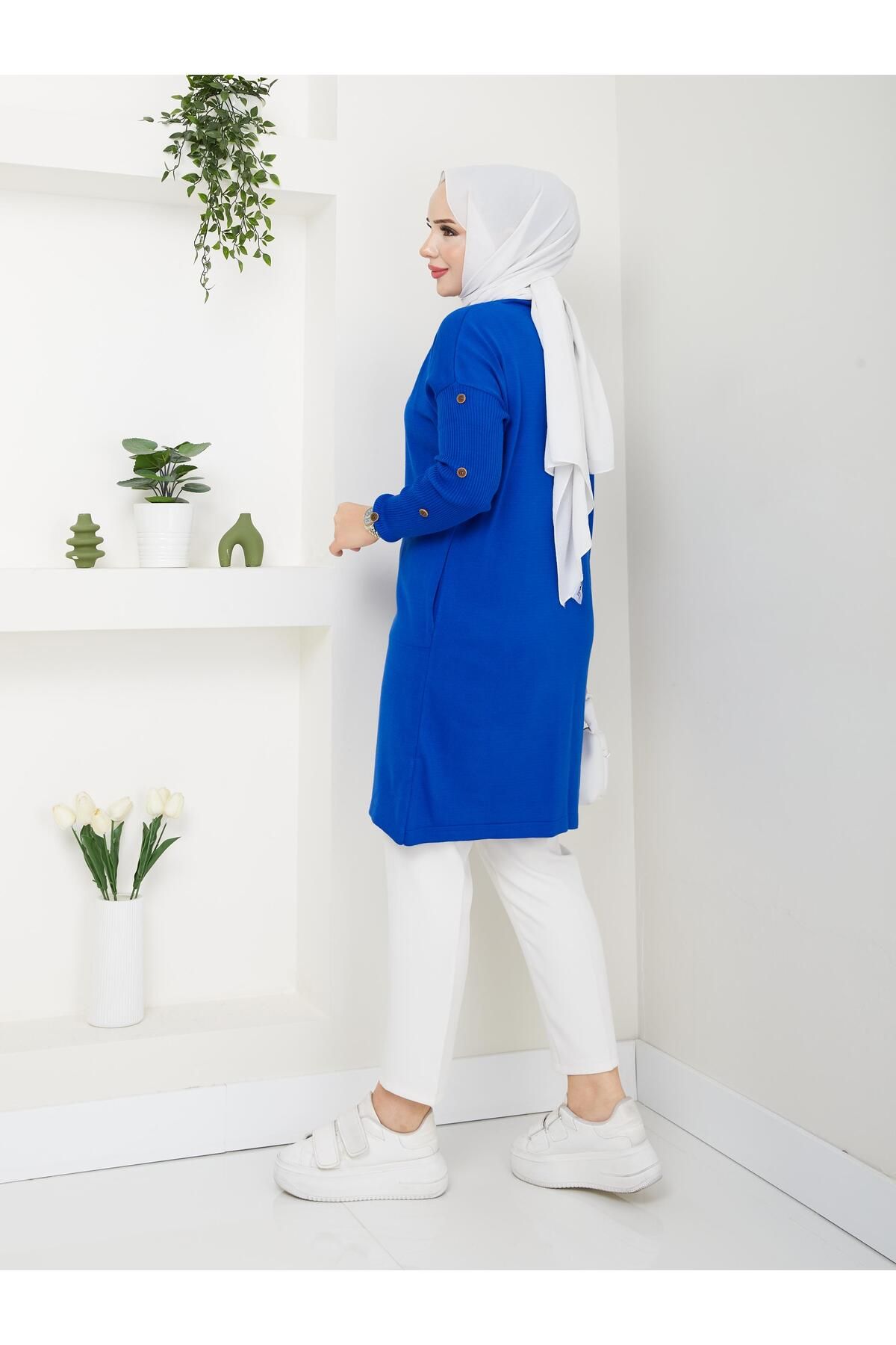 modabef-Long Buttoned Knitwear Tunic - Saks Blue 2129 4