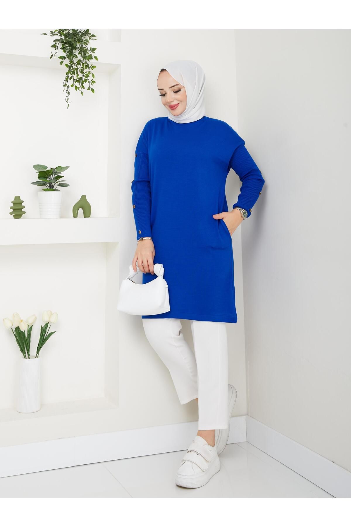 modabef-Long Buttoned Knitwear Tunic - Saks Blue 2129 3