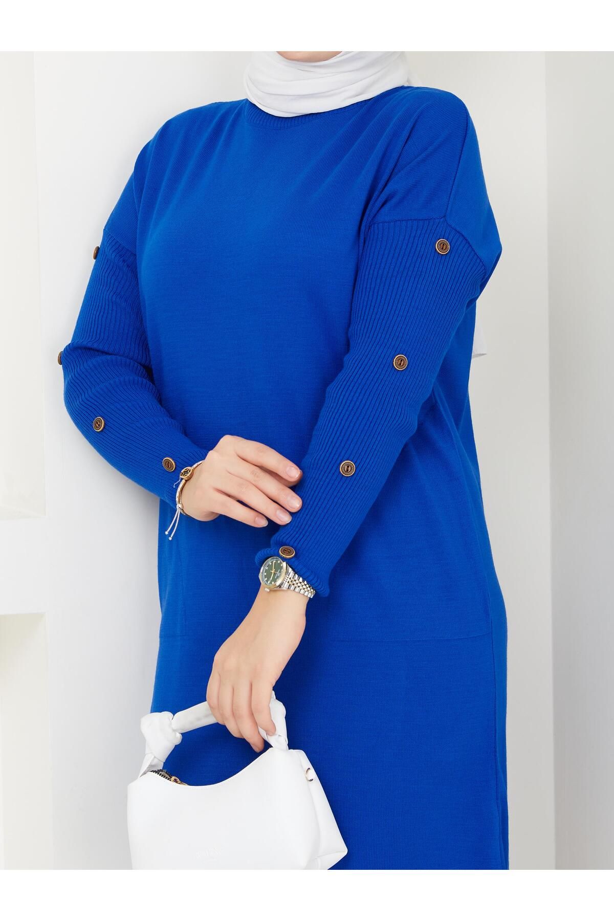 modabef-Long Buttoned Knitwear Tunic - Saks Blue 2129 6