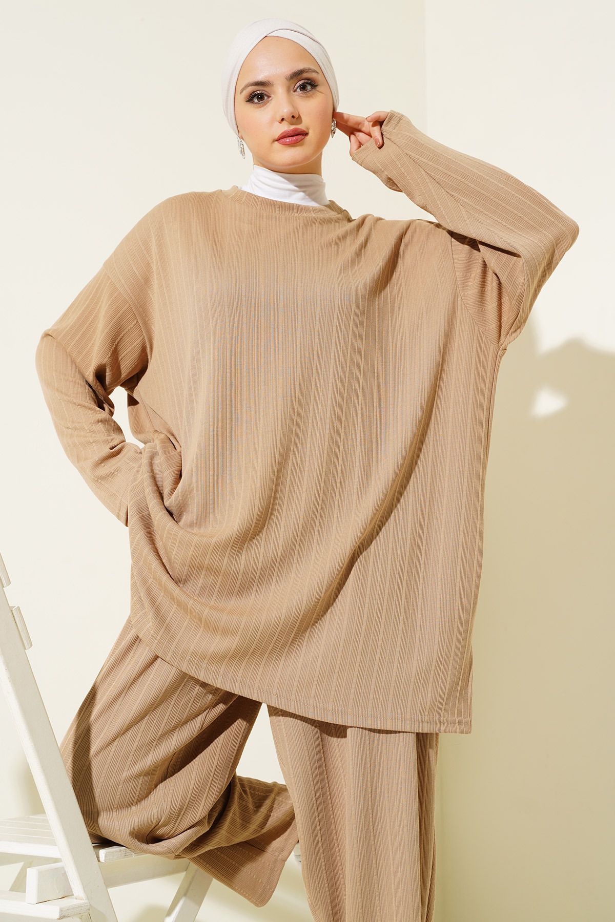 Bigdart-6681 Model - Crew Neck Tunic and Trousers Set of Two - Biscuit 2