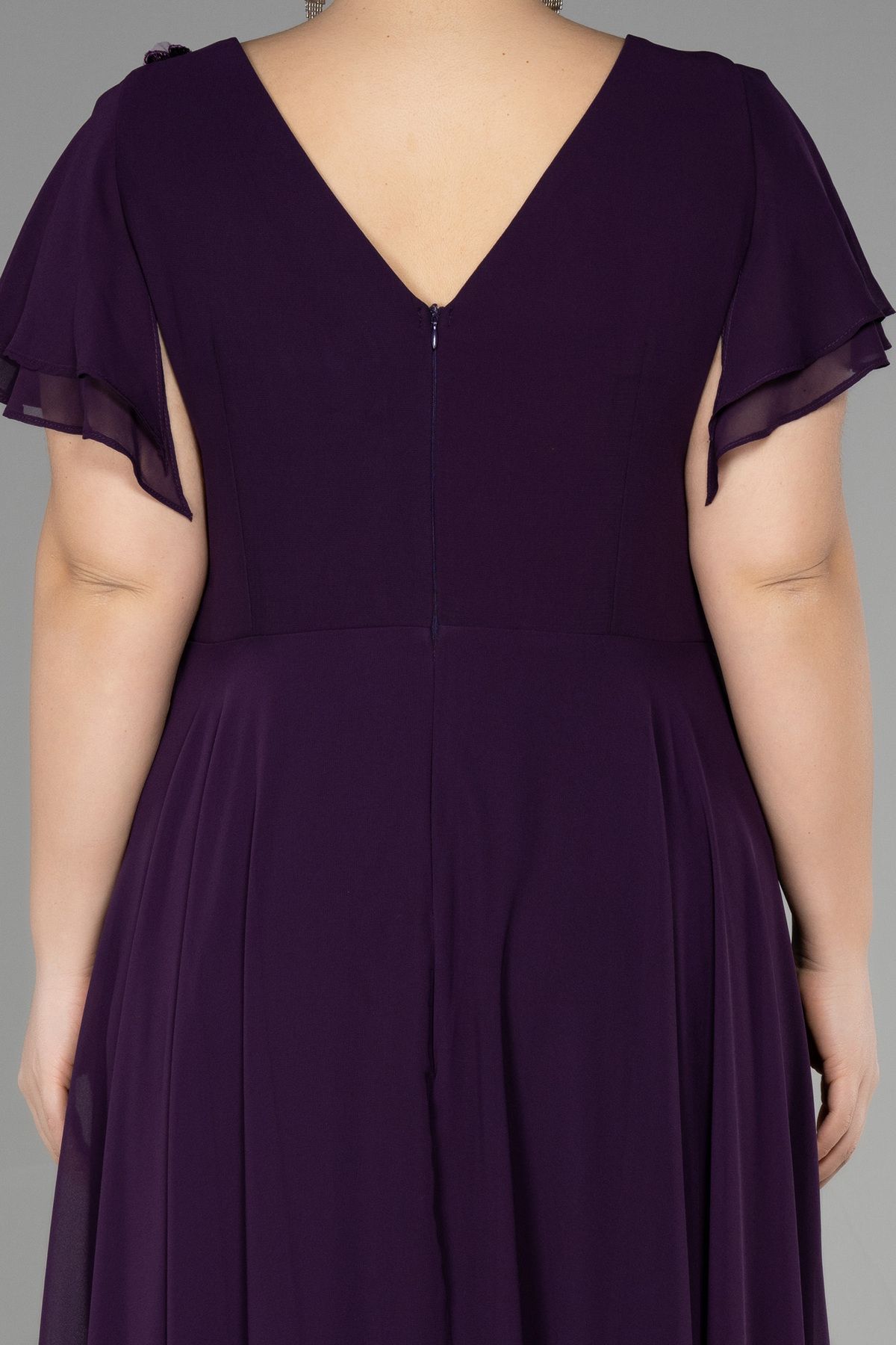 Abiyefon-V-Neck Purple Chiffon Evening Dress with Stone Detail - Short Sleeve, Plus Size, Abu1562 4