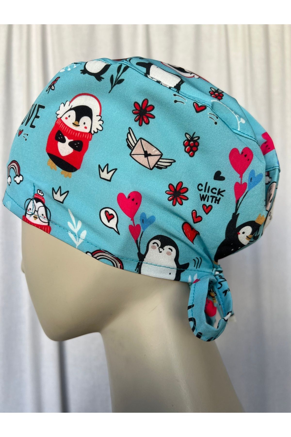 monotıp Doktor Hemşire Bonesi,Ameliyathane bonesi,bandana,unısex,Penguen Desenli,mavi