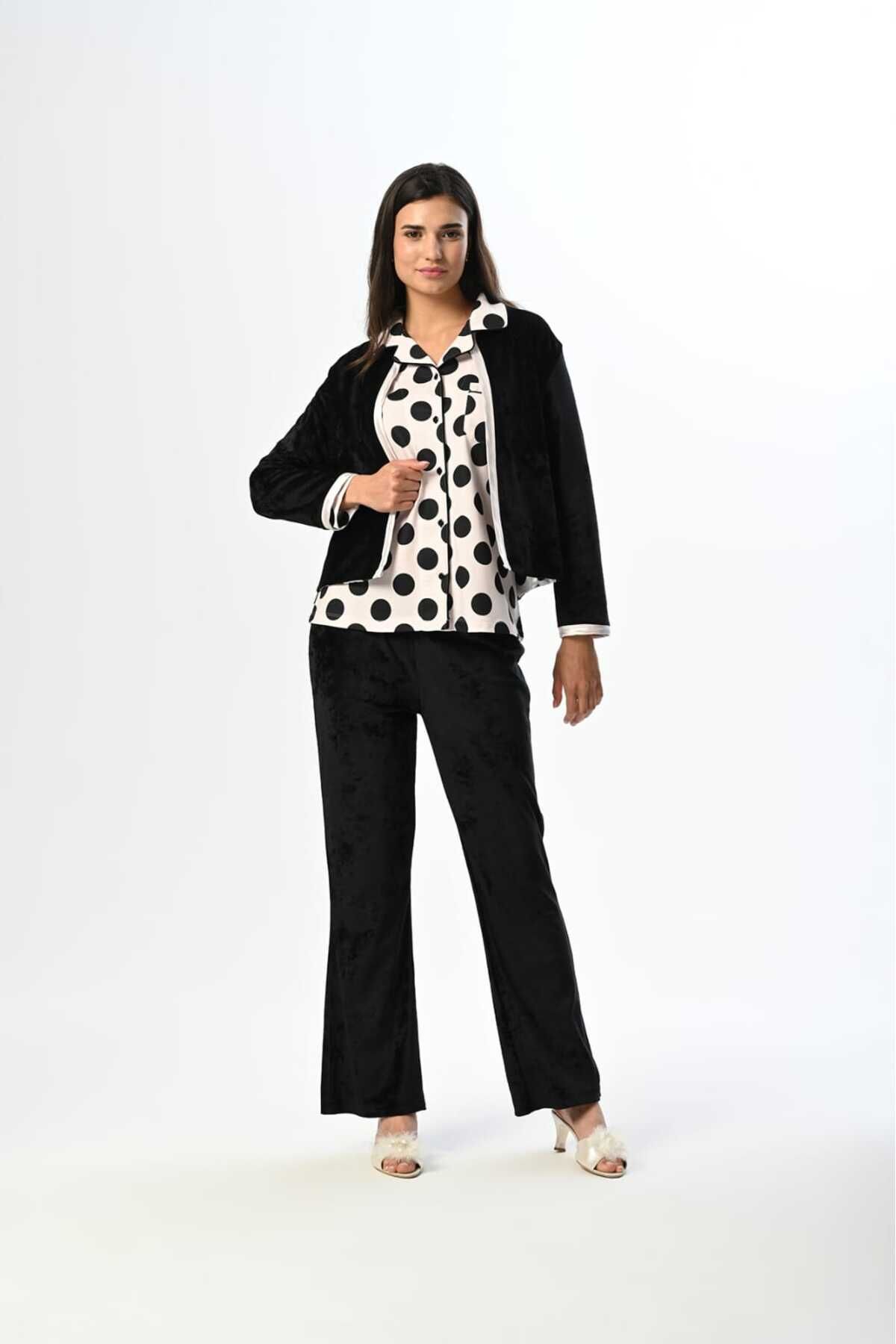 Marilyn Club-Women's Sleepwear Set with Velvet Jacket Set of 3 1