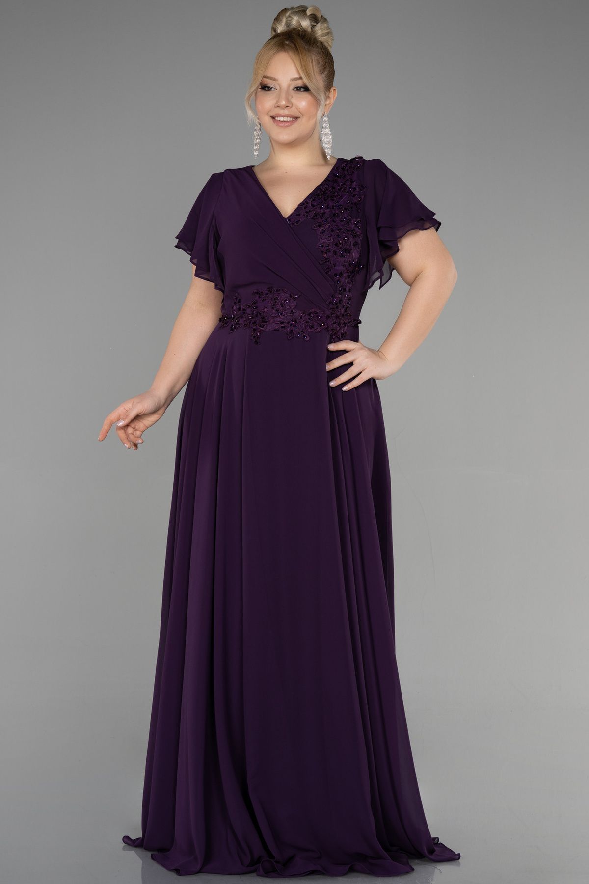 Abiyefon-V-Neck Purple Chiffon Evening Dress with Stone Detail - Short Sleeve, Plus Size, Abu1562 1