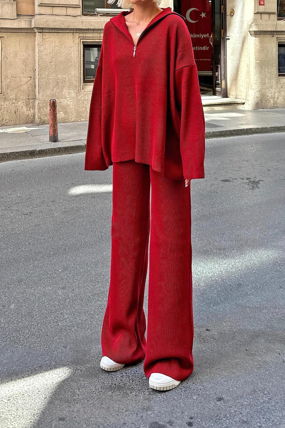 Swist-Rotes Oversize-Strickpullover- und Hosen-Set für Damen – halber Reißverschluss 4