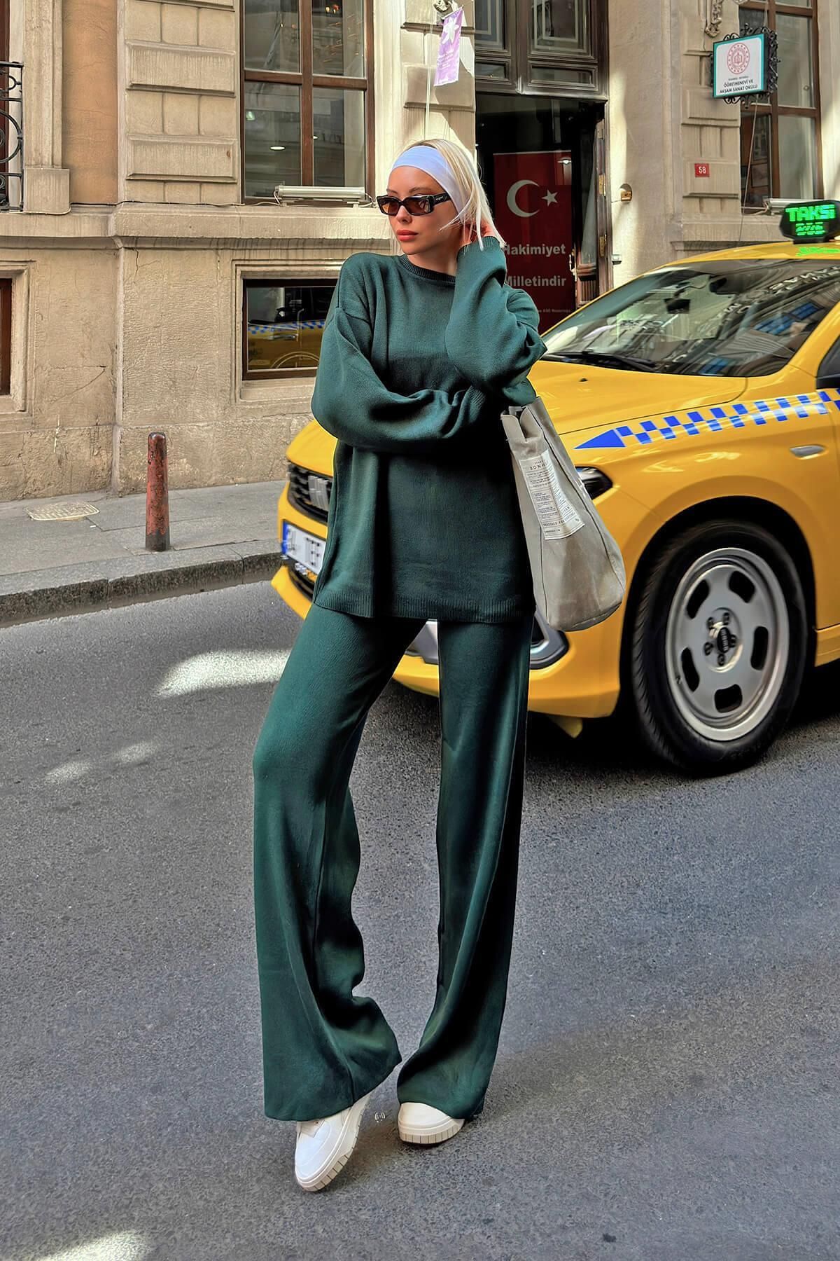 Swist-Green Oversize Sweater and Trousers Set - Crew Neck Knitted Women's Set 2