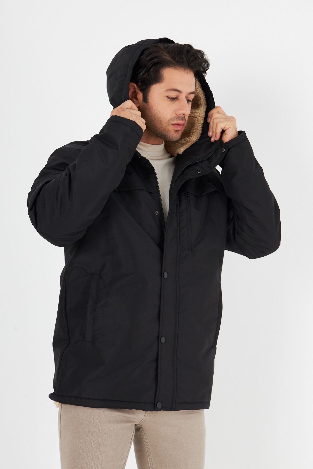 D1fference-Men's Black Sheepskin Hooded Windproof Winter Coat & Coat & Parka 2