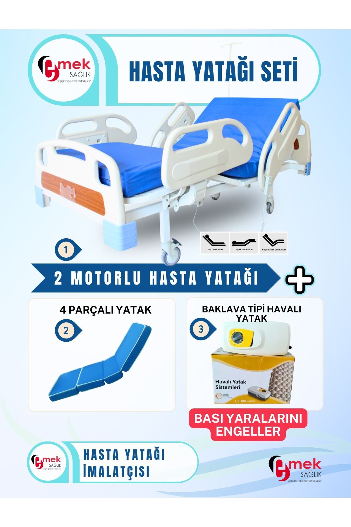 emek sağlık 2 Motorlu Full Abs Hasta Karyolası + 4 Parçalı Yatak + Baklava Tipi Havalı Yatak