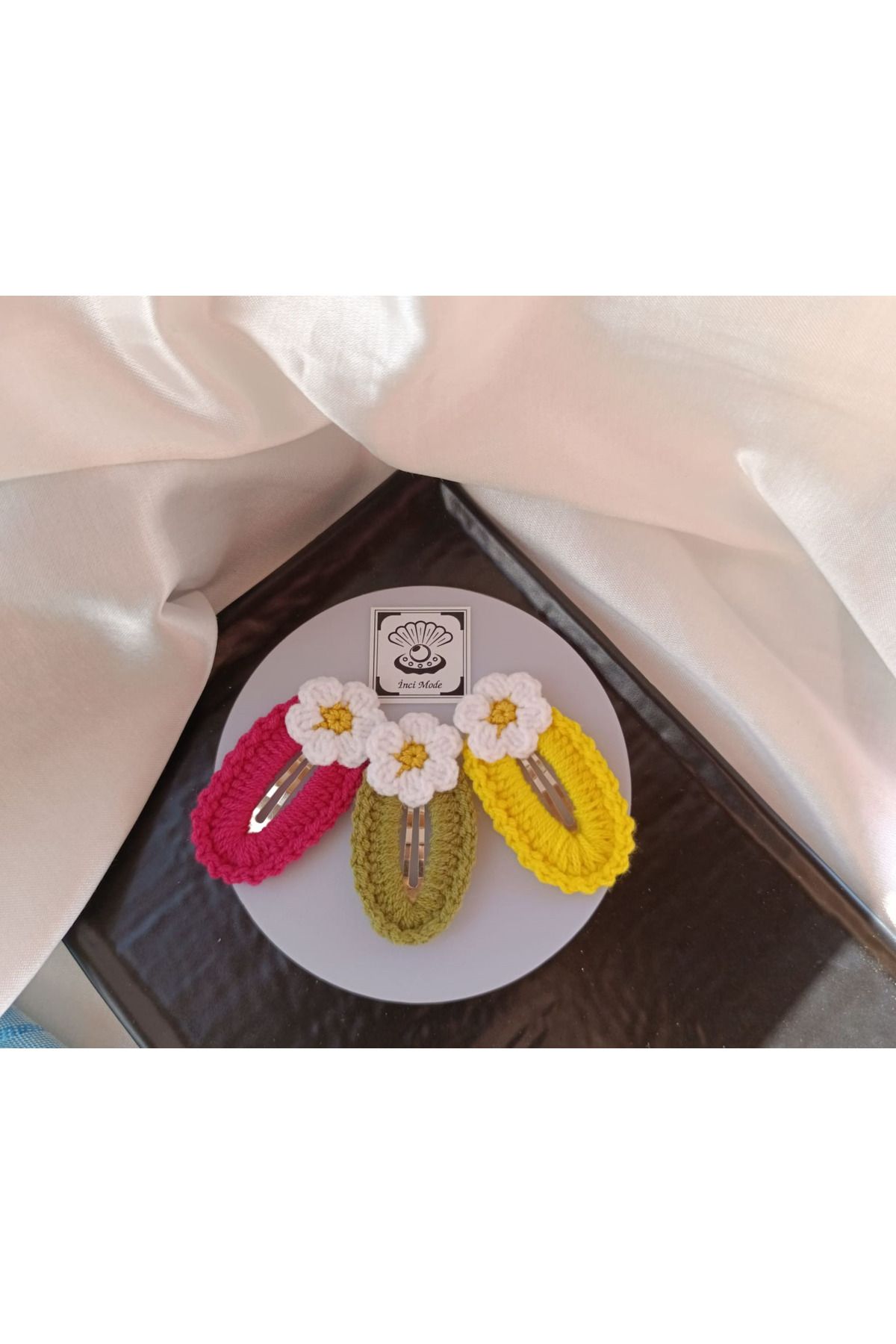 İnci Mode-3-Piece Combination Daisy, Flower, Fuchsia, Khaki and Bright Yellow Hand Knitted Buckle Set 2