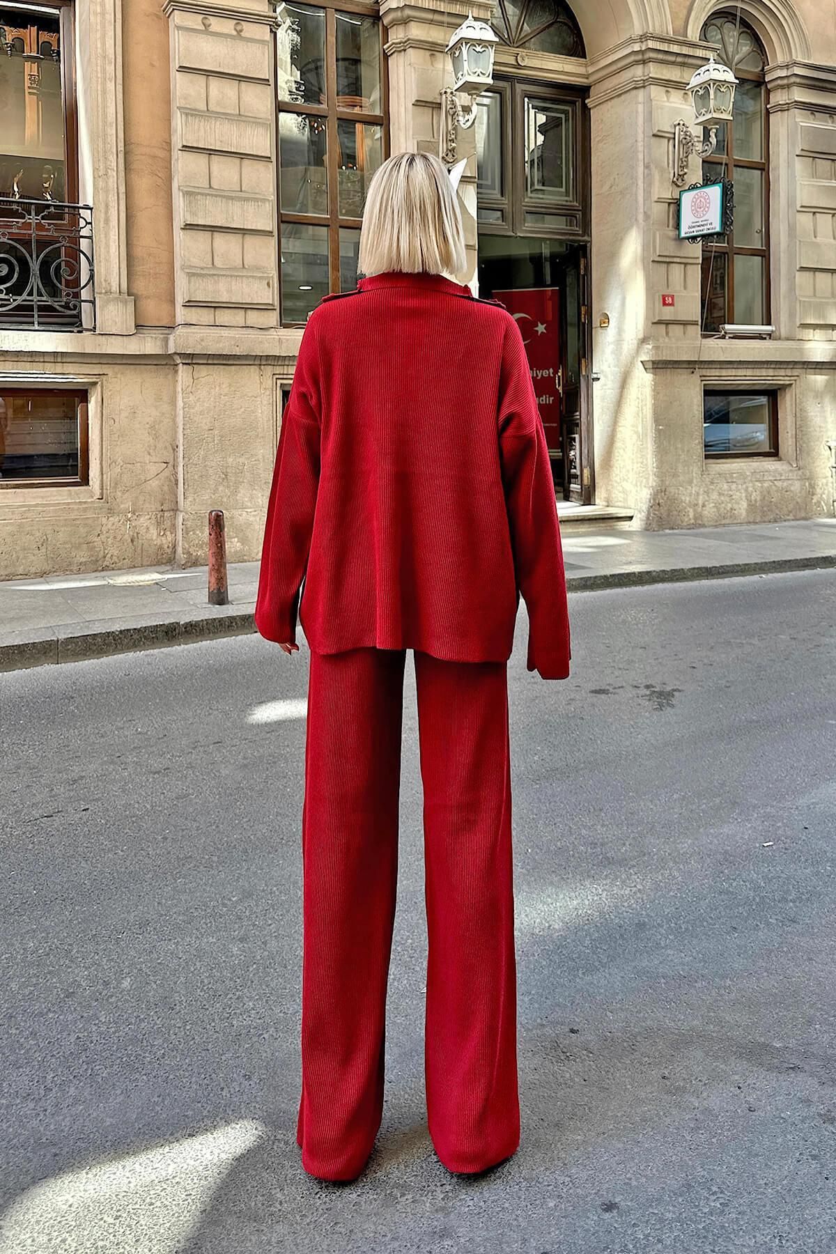 Swist-Rotes Oversize-Strickpullover- und Hosen-Set für Damen – halber Reißverschluss 5