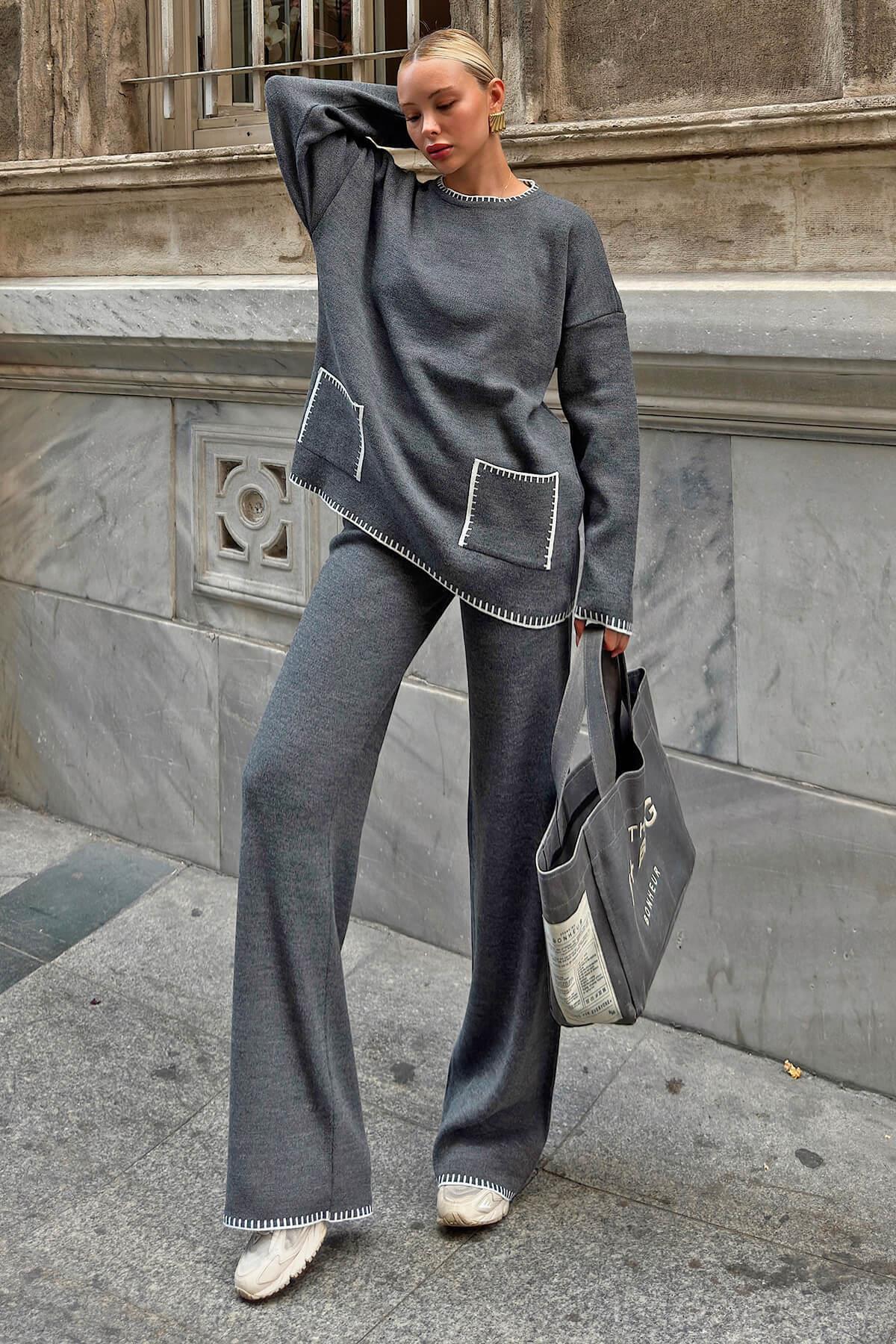 Swist Smoked Knit Damen-Set – Shepherd Stitched, Oversize-Pullover und Hose mit Doppeltaschen