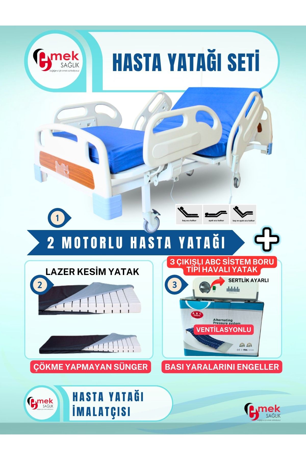 emek sağlık 2 Motorlu Full Abs Hasta Karyolası+Cnc Lazer Kesim Yatak+3 Çıkışlı ABC Sistem Boru Tipi Havalı Yatak