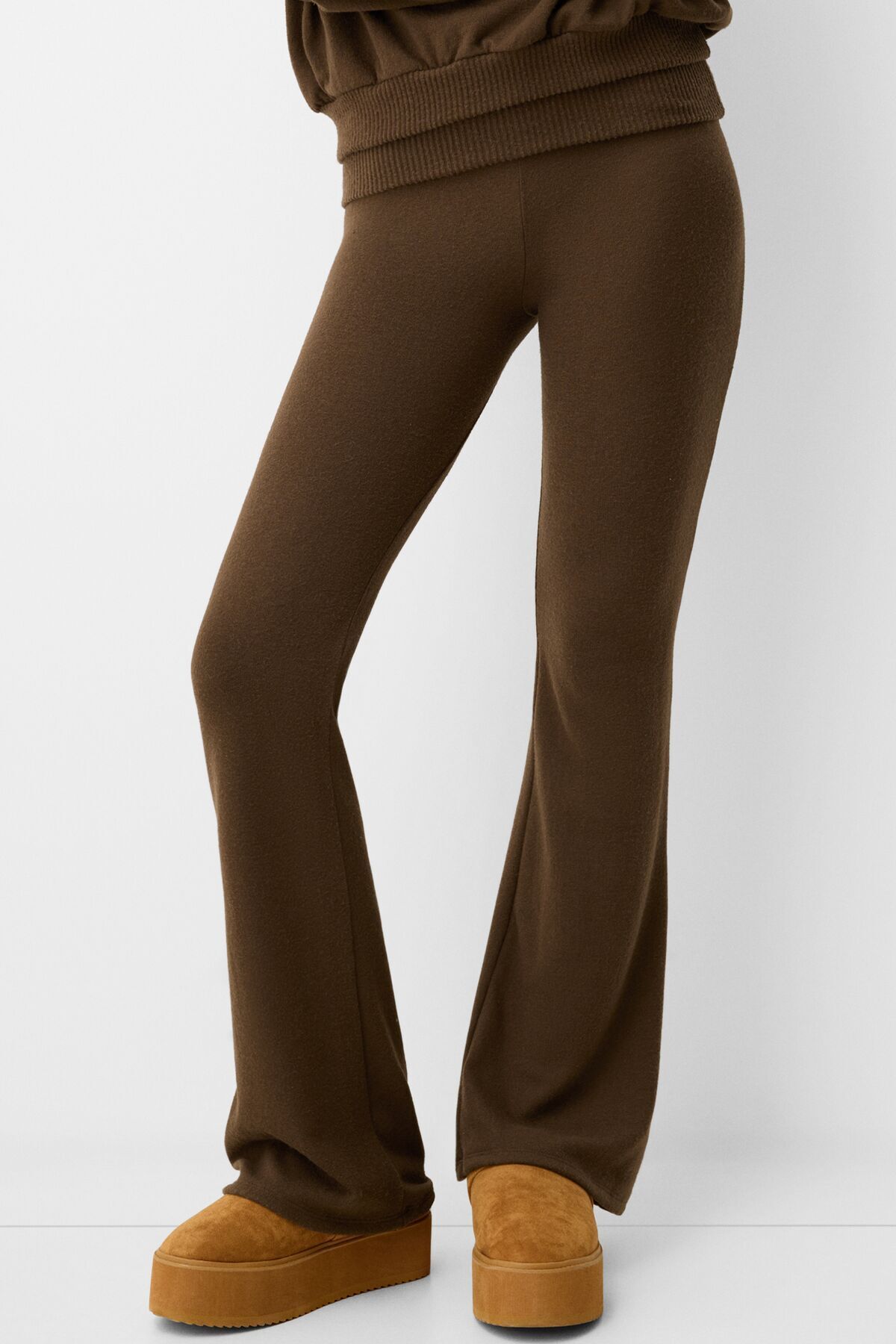 Bershka-Soft Textured Palazzo Trousers with Folding Waist 1