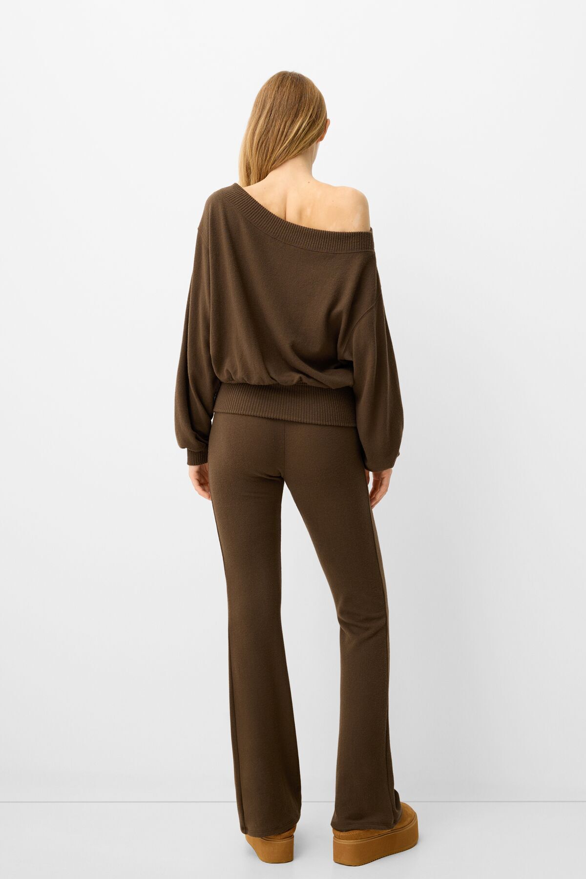 Bershka-Soft Textured Palazzo Trousers with Folding Waist 4