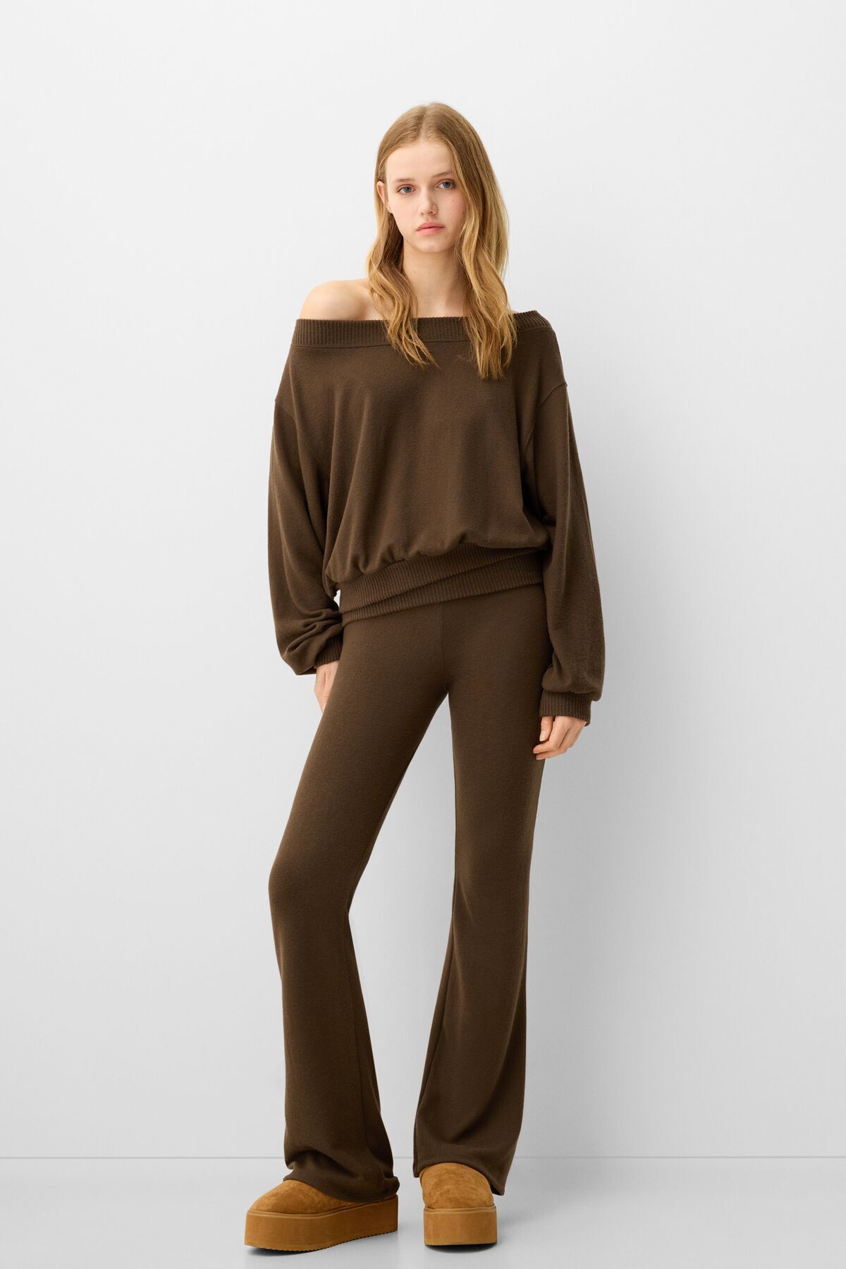 Bershka-Soft Textured Palazzo Trousers with Folding Waist 2