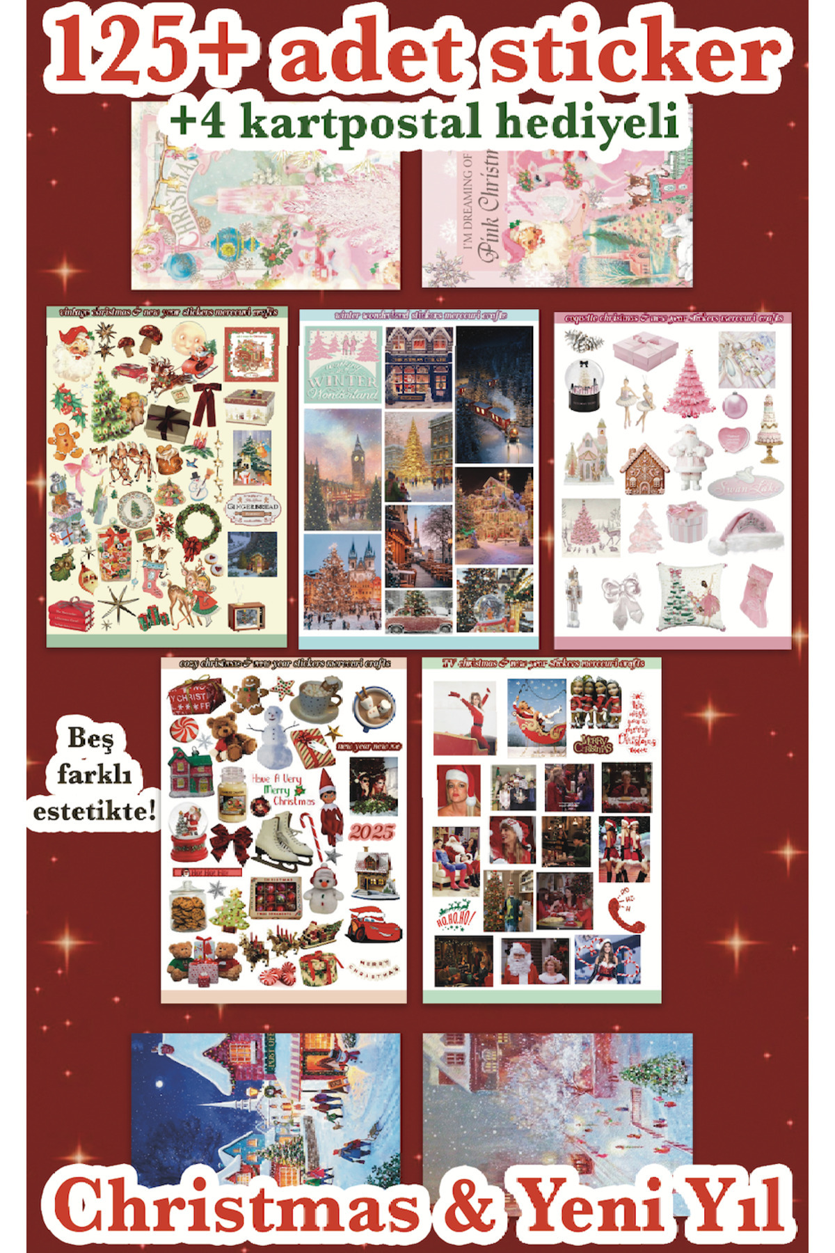 merccuri crafts Christmas 5'li Aesthetic Sticker Seti (125+ adet) 4 adet Yeni Yıl Kartpostal Hediyeli Journal Etiket