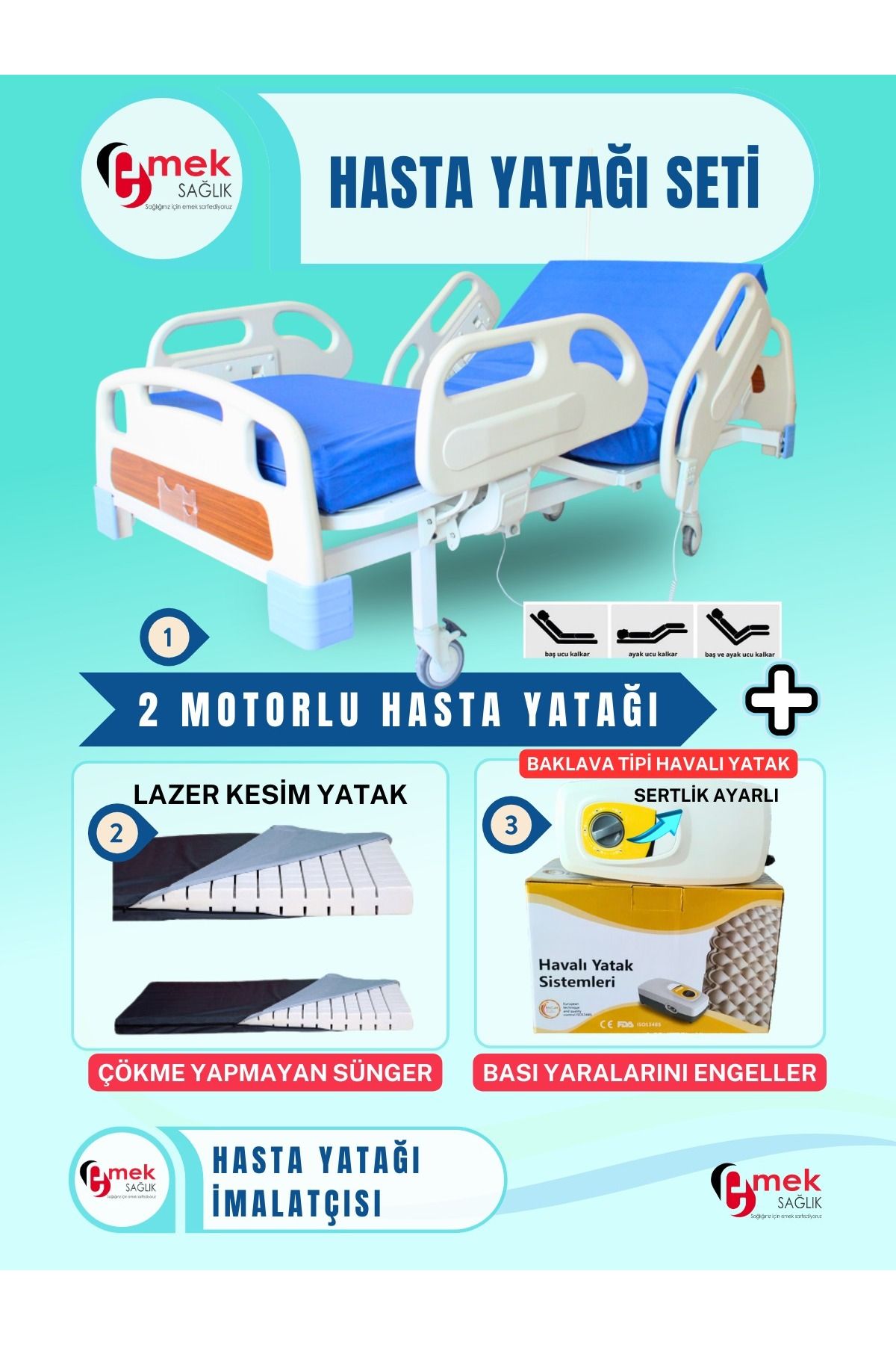 emek sağlık 2 Motorlu Full Abs Hasta Karyolası + Cnc Lazer Kesim Yatak + Baklava Tipi Havalı Yatak