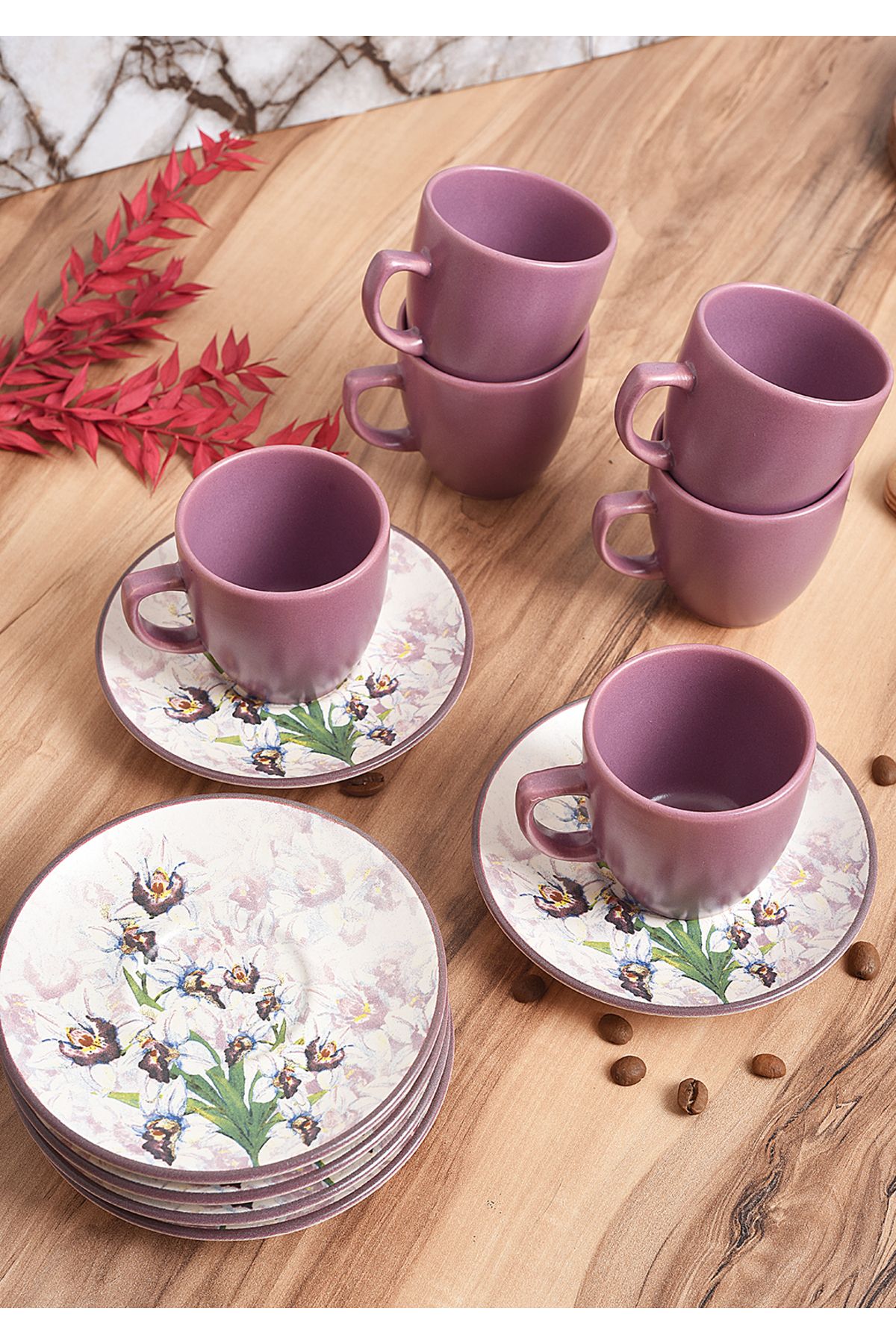 ShoppingPortal-Turkish Coffee Cup Set 100ml 6-Seater Coffee Cup Set Iris Flower Digital Printing 1