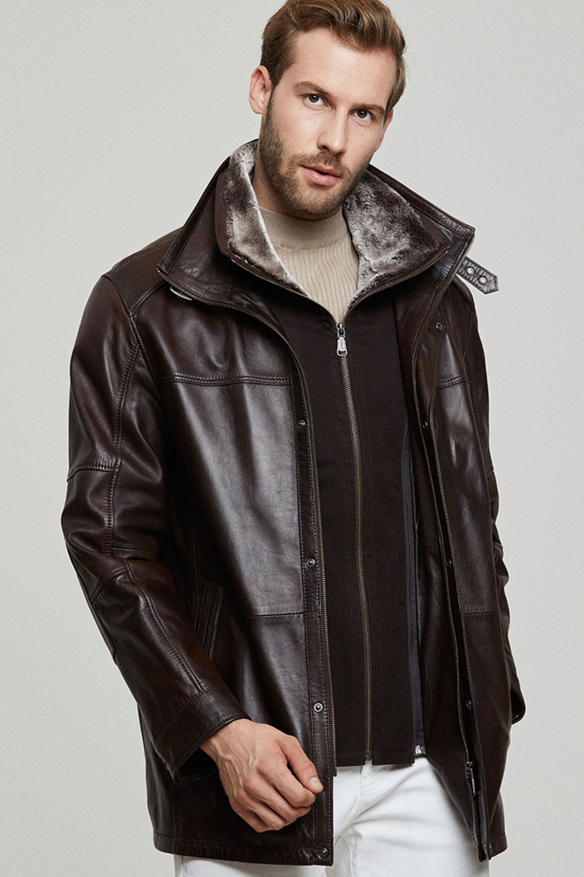 Derimod-Men's Brown Leather Coat - Eduardo 14wge610347 1