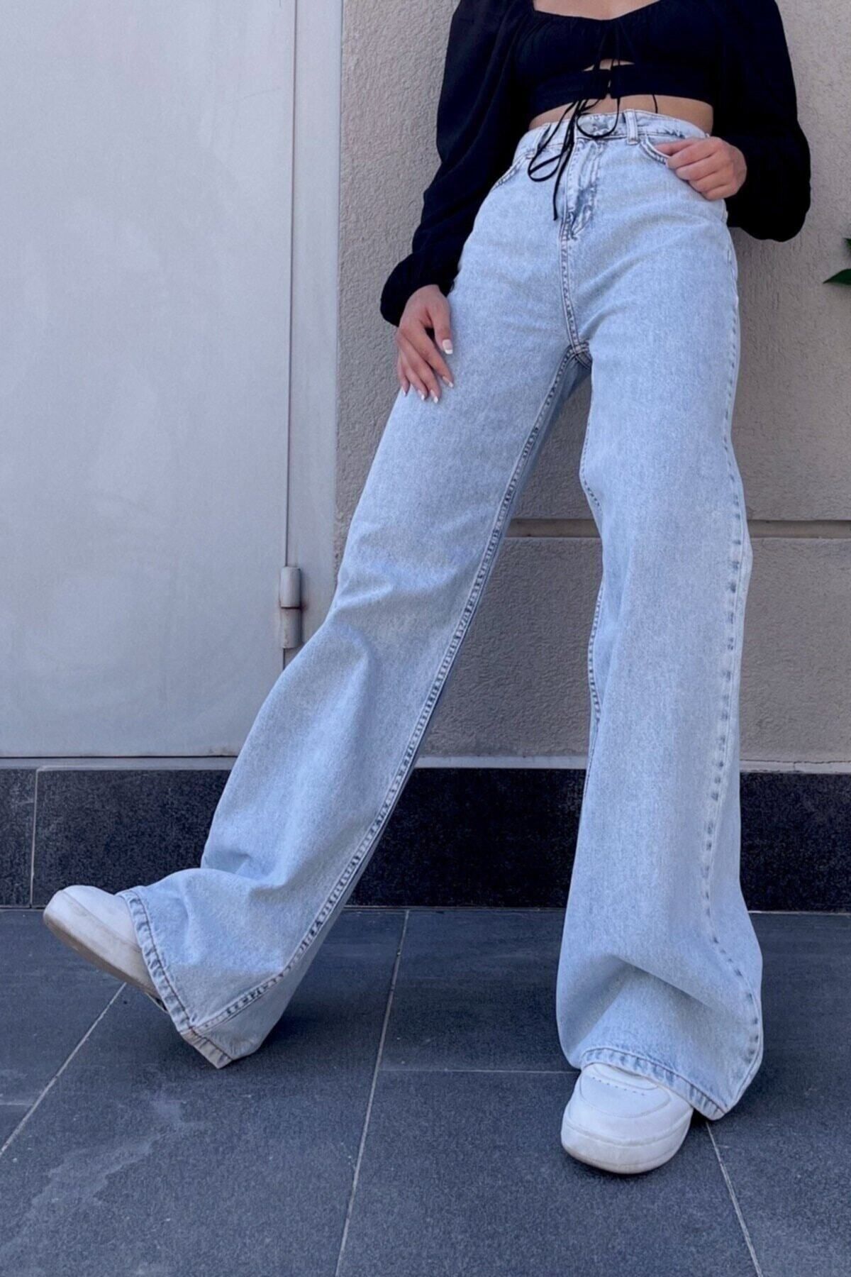 WODDİ Duryn Jns Kadın Kar Salaş Açık Mavi Palazzo Jeans Kot Pantolon Wrld