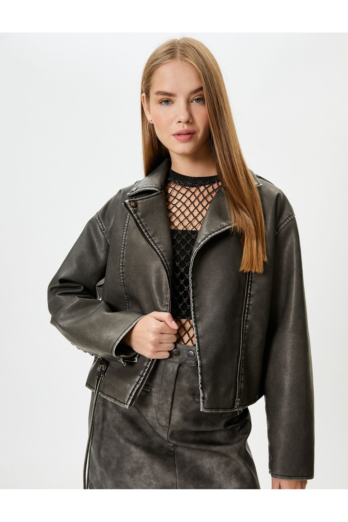 Koton-Double Breasted Cutout Biker Jacket - Distressed Faux Leather and Lacing Detail 4