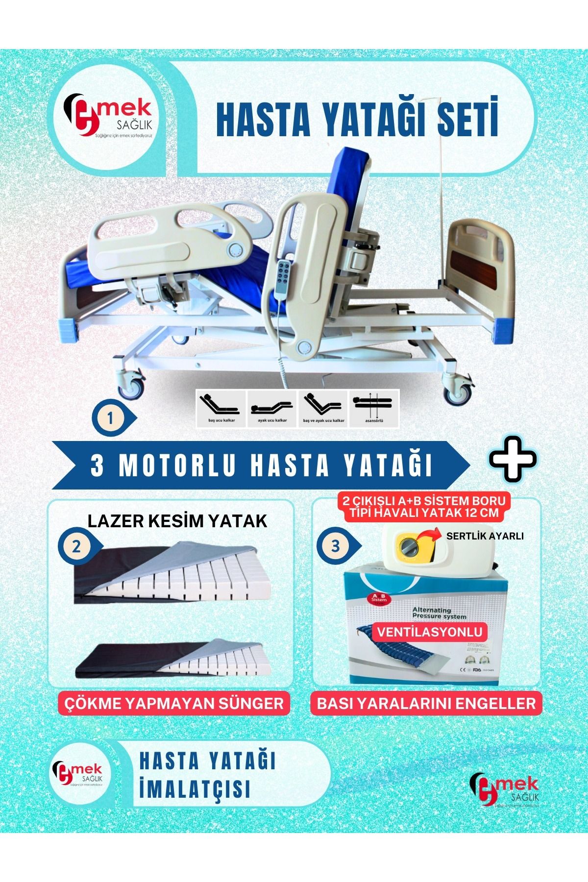 emek sağlık 3 Motorlu Full ABS Hasta Karyolası+Cnc Kesim Yatak+2 Çıkışlı A+BSistem Boru Tipi 12 cm Havalı Yatak